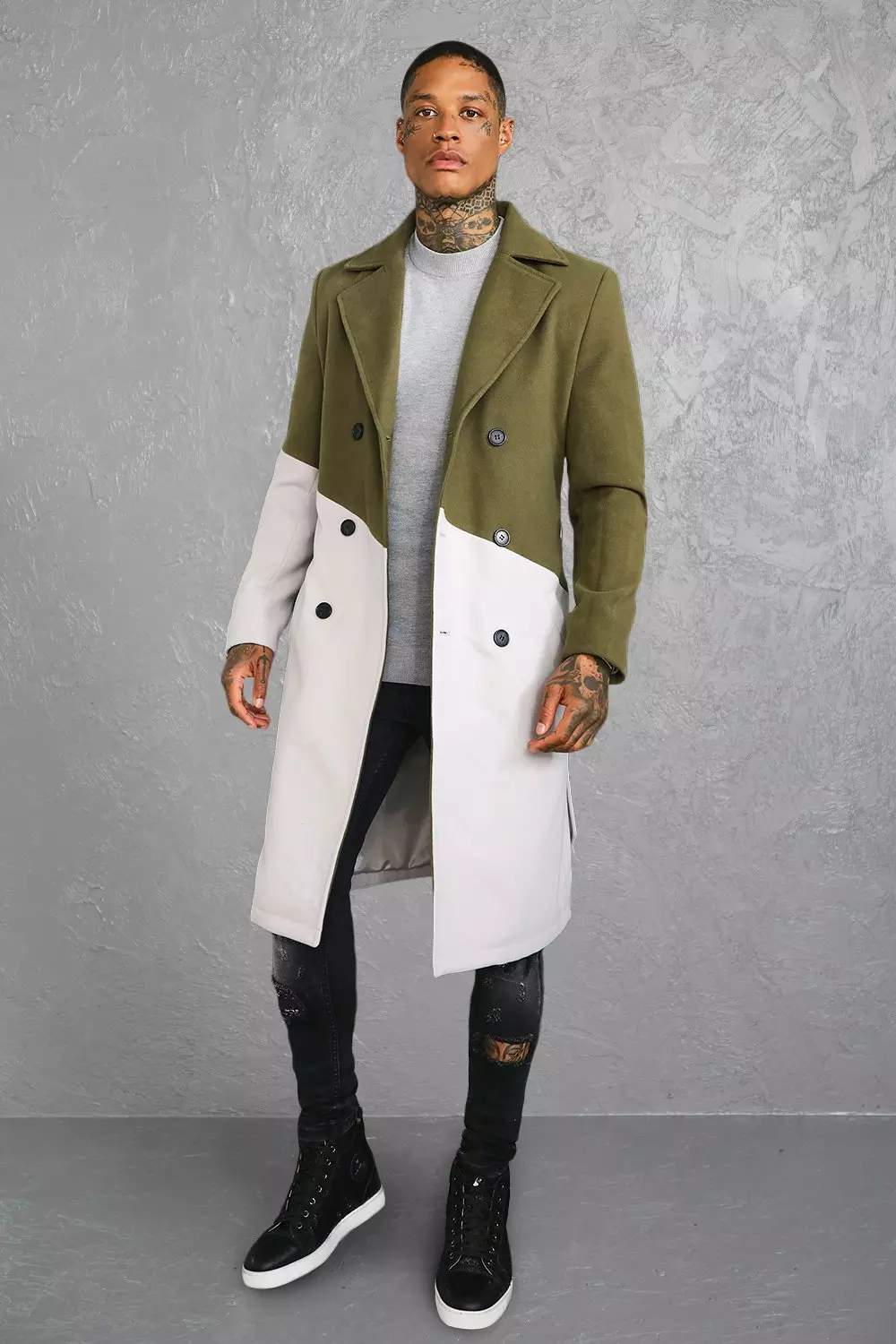 Colour Block Double Breasted Trench Overcoat | boohooMAN USA