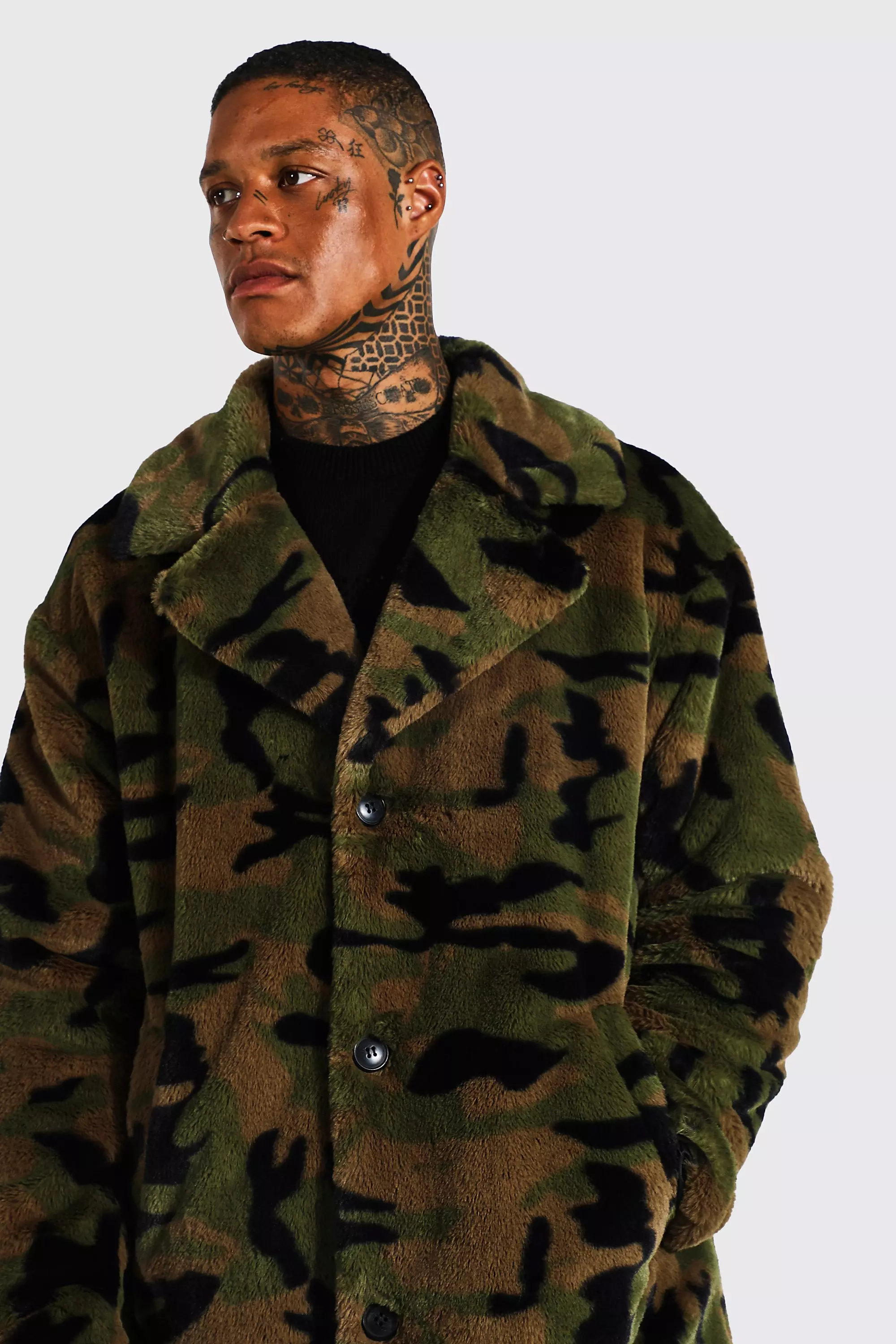 Camo Print Faux Fur Longline Coat