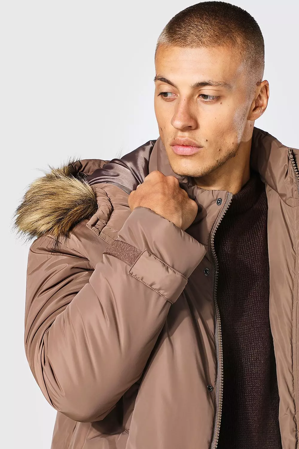 Boohooman parka with hot sale faux fur in khaki