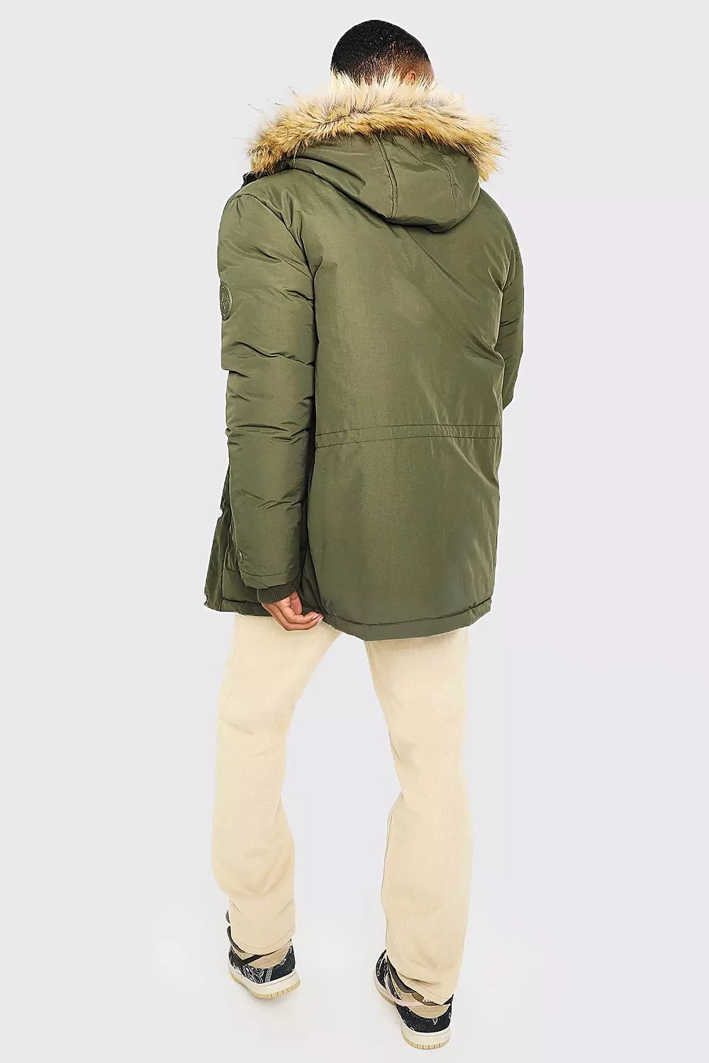 Boohooman parka with hot sale faux fur in khaki