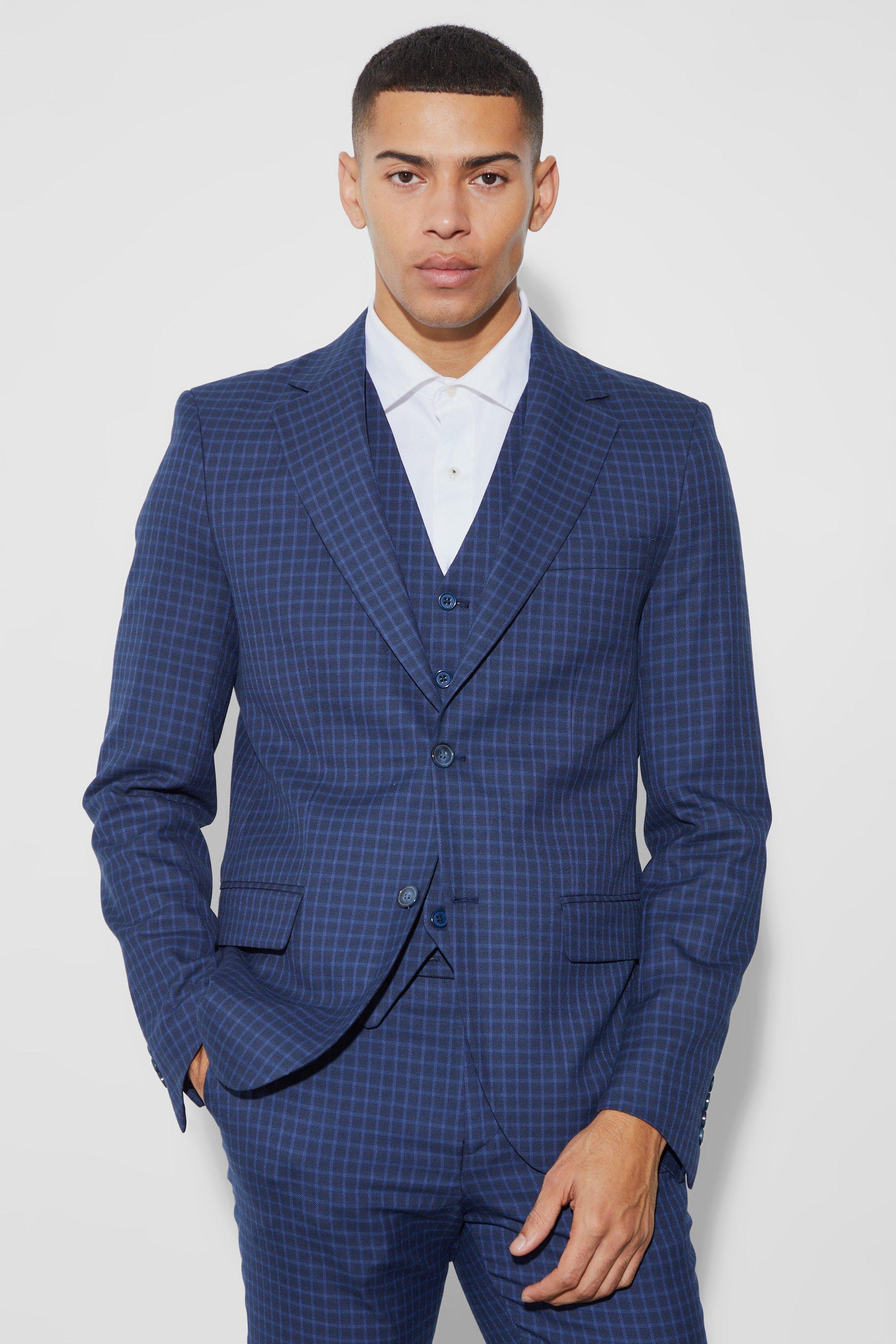 Mens Navy Single Breasted Slim Check Suit Jacket, Navy