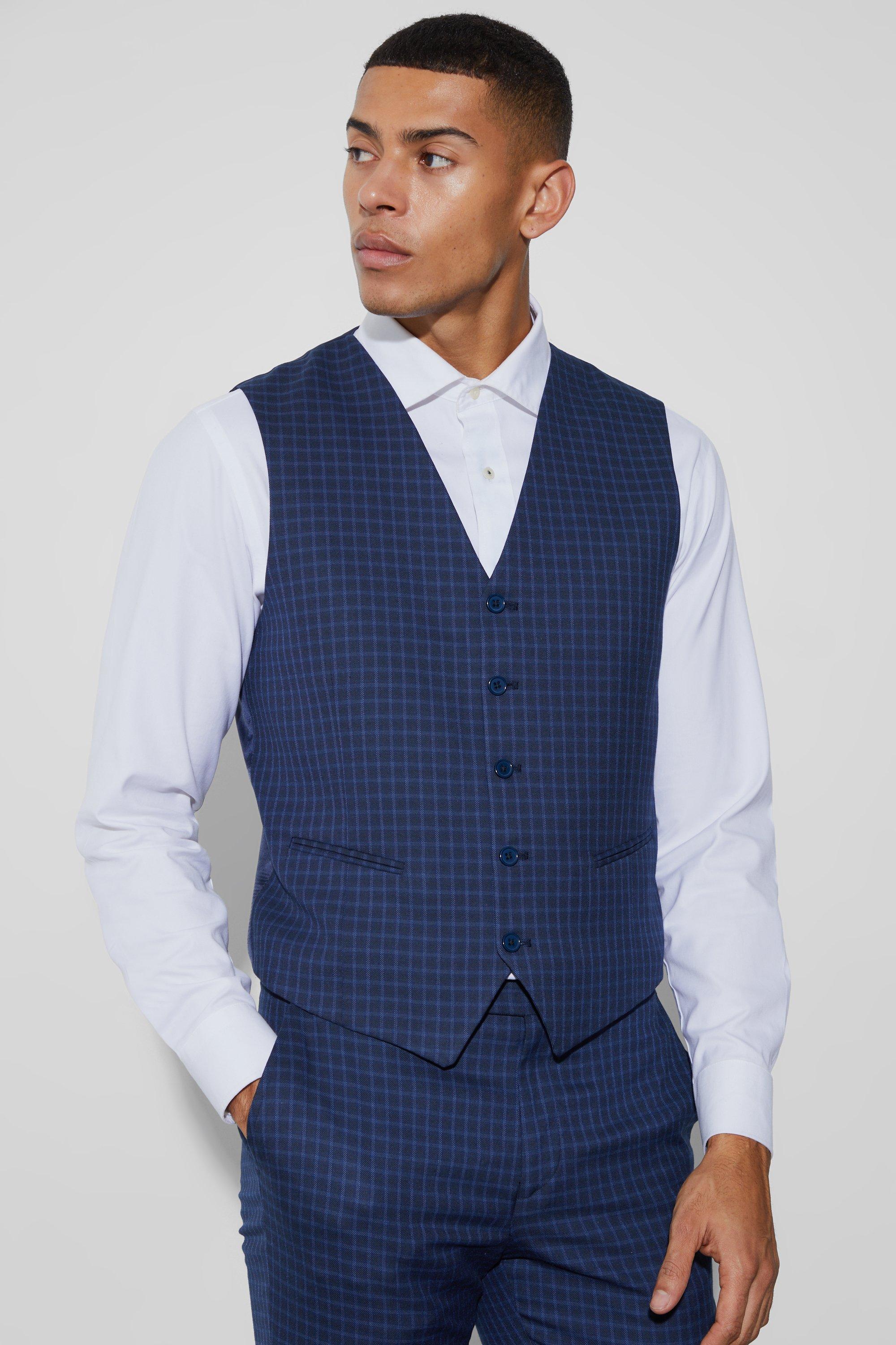 Mens Navy Slim Check Breasted Waistcoat, Navy