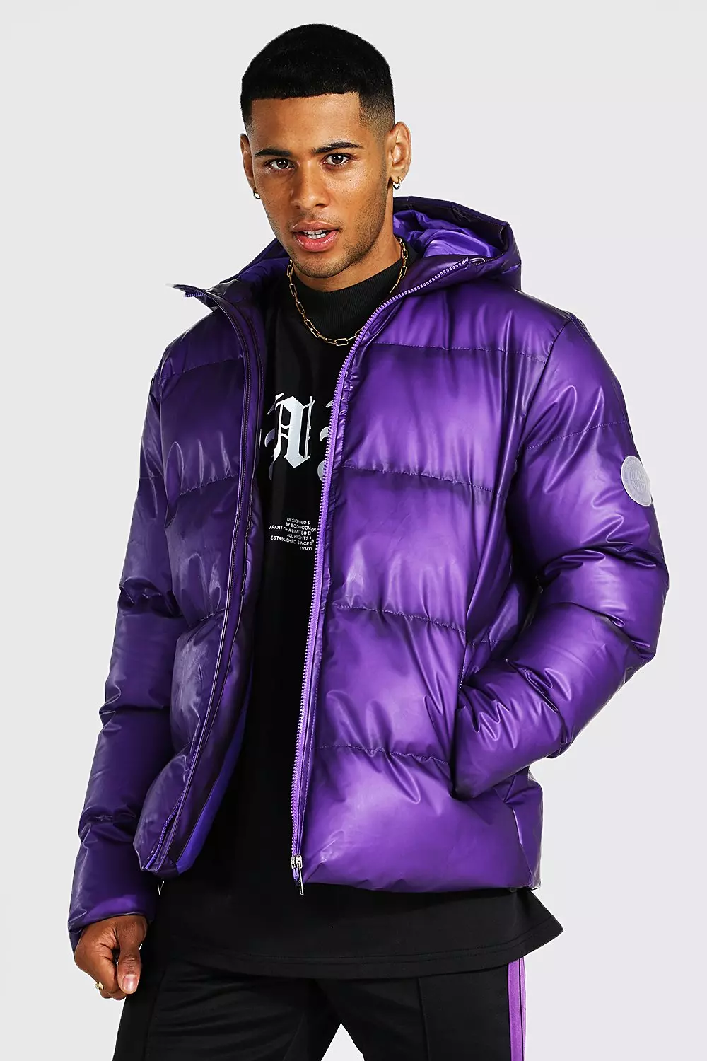 Purple puffer deals jacket with hood