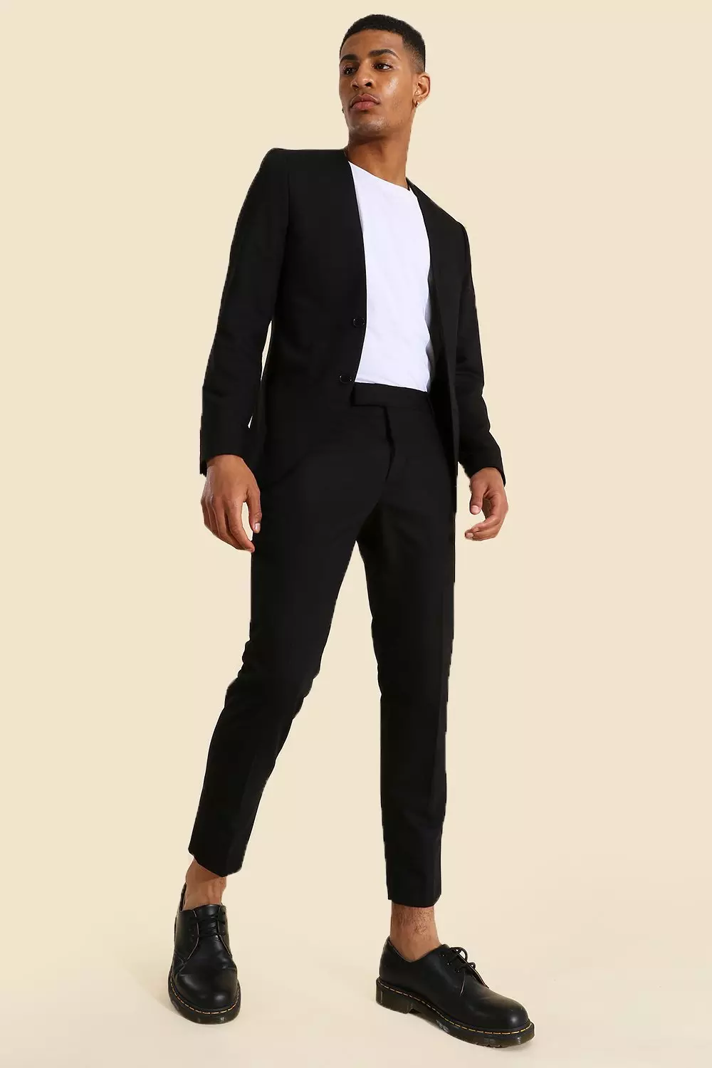 Collarless shirt with blazer sale