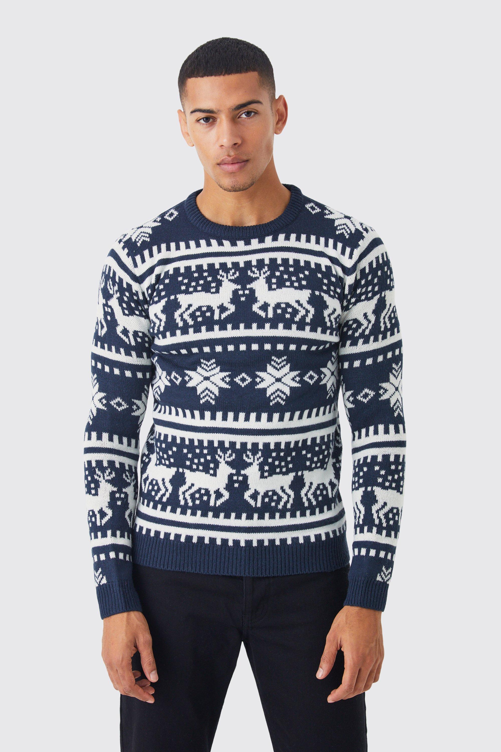 Mens Navy Reindeer Fair Isle Christmas Jumper, Navy