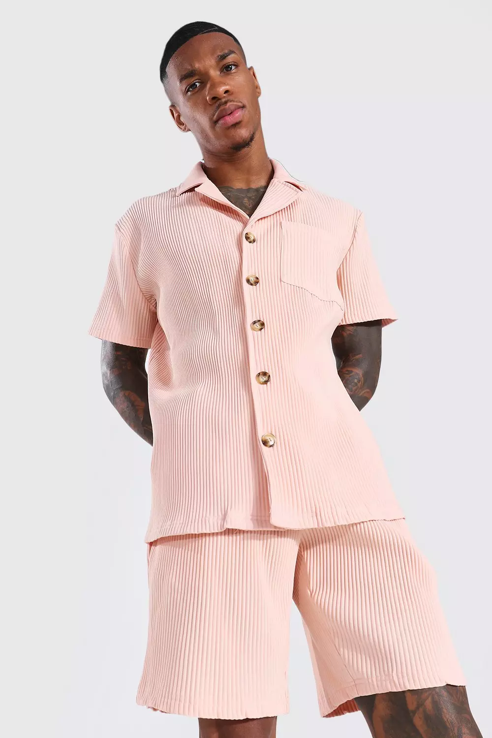 Short Sleeve Pleated Shirt Short Set