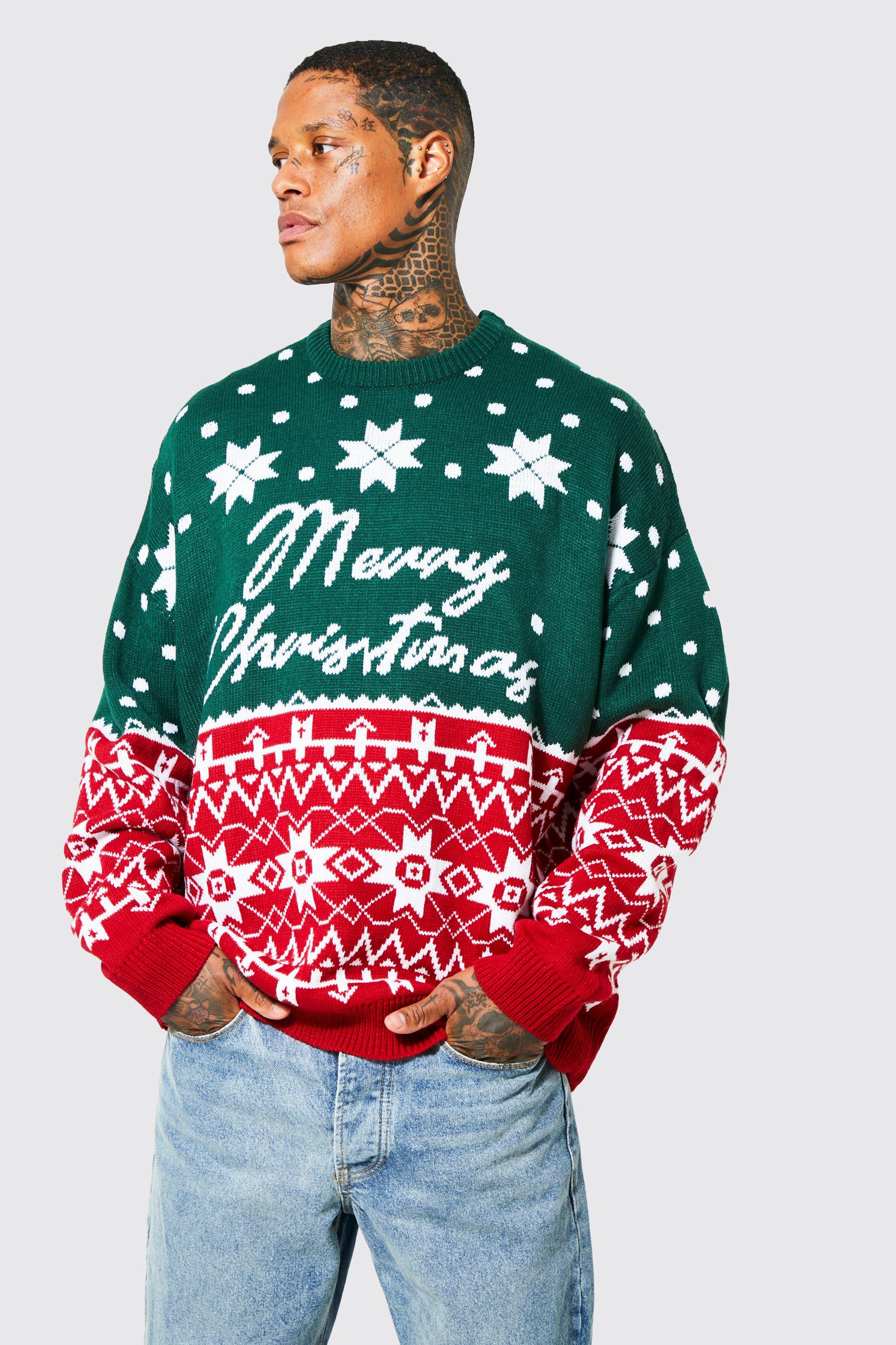 Mens Green Oversized Merry Christmas Fair Isle Jumper, Green