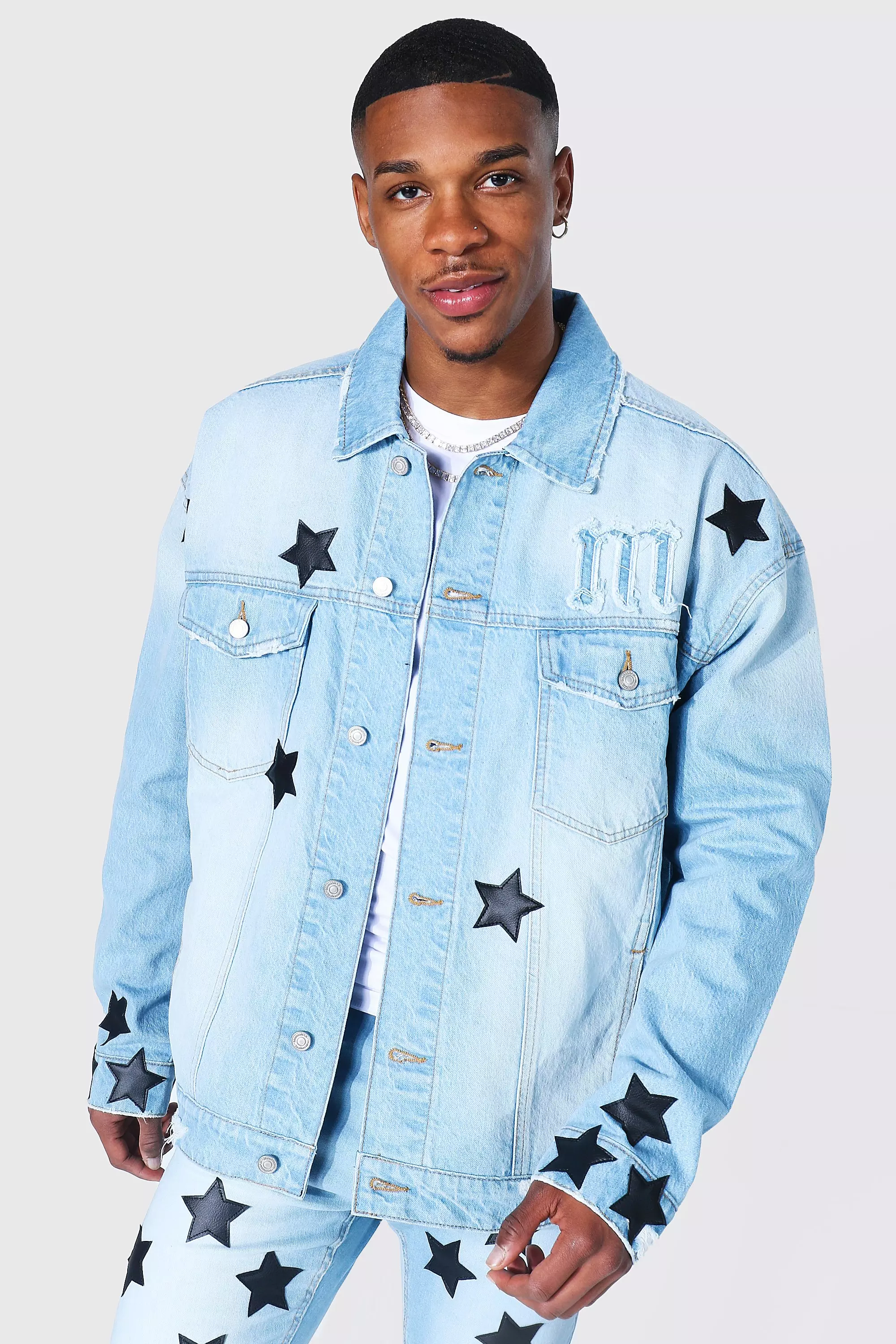 hastighed døråbning Uredelighed Oversized Pu Star Denim Jacket | boohooMAN USA