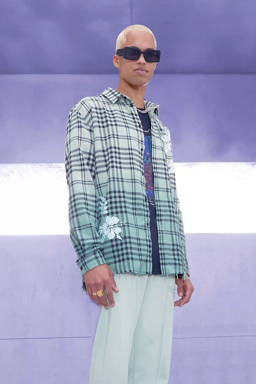 Oversized Ombre Check Shirt With Floral Print | boohooMAN USA