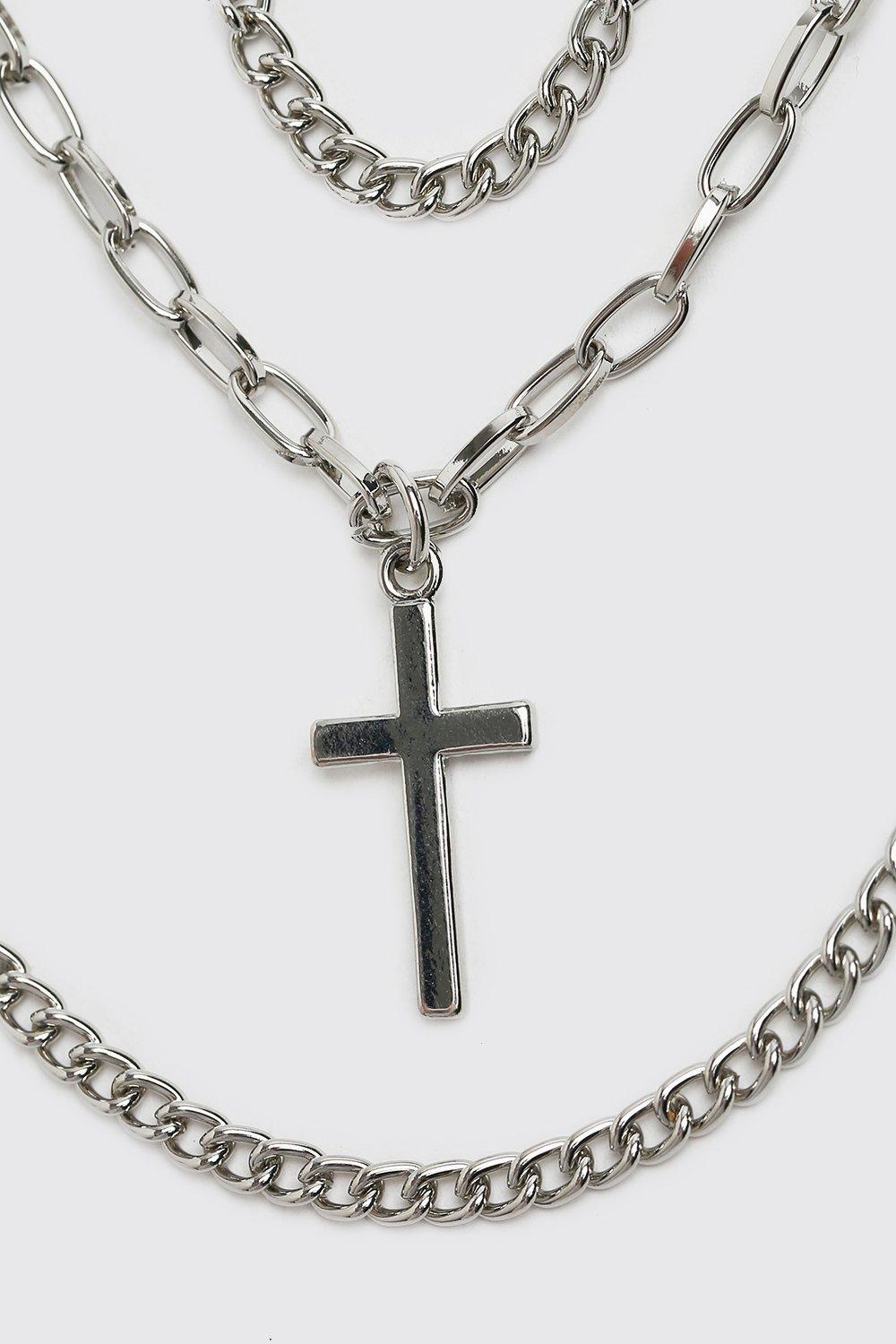 Mens Grey Triple Layer Chain With Cross, Grey