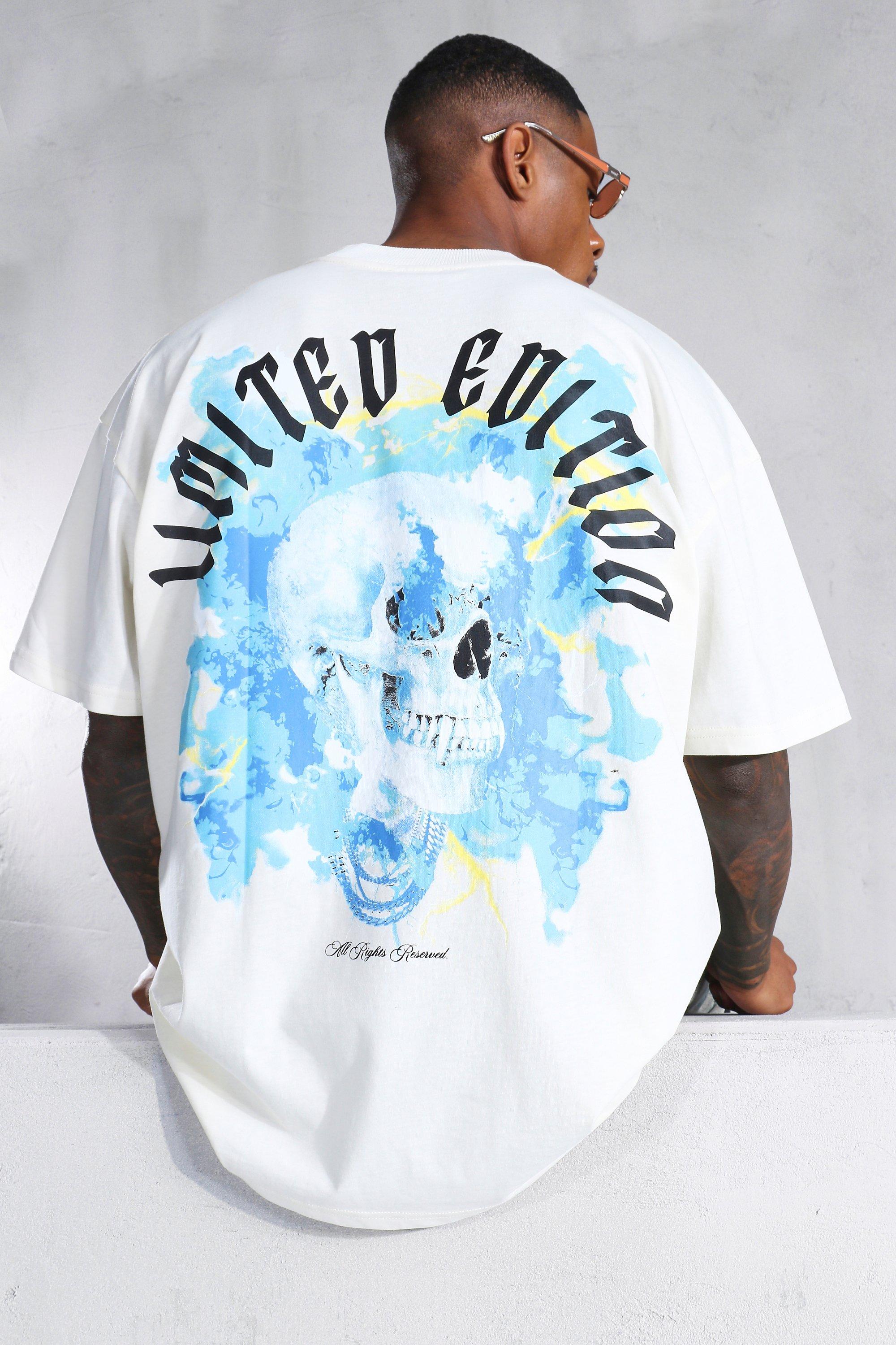 Mens Cream Oversized Skull Graphic Extended Neck T-shirt, Cream