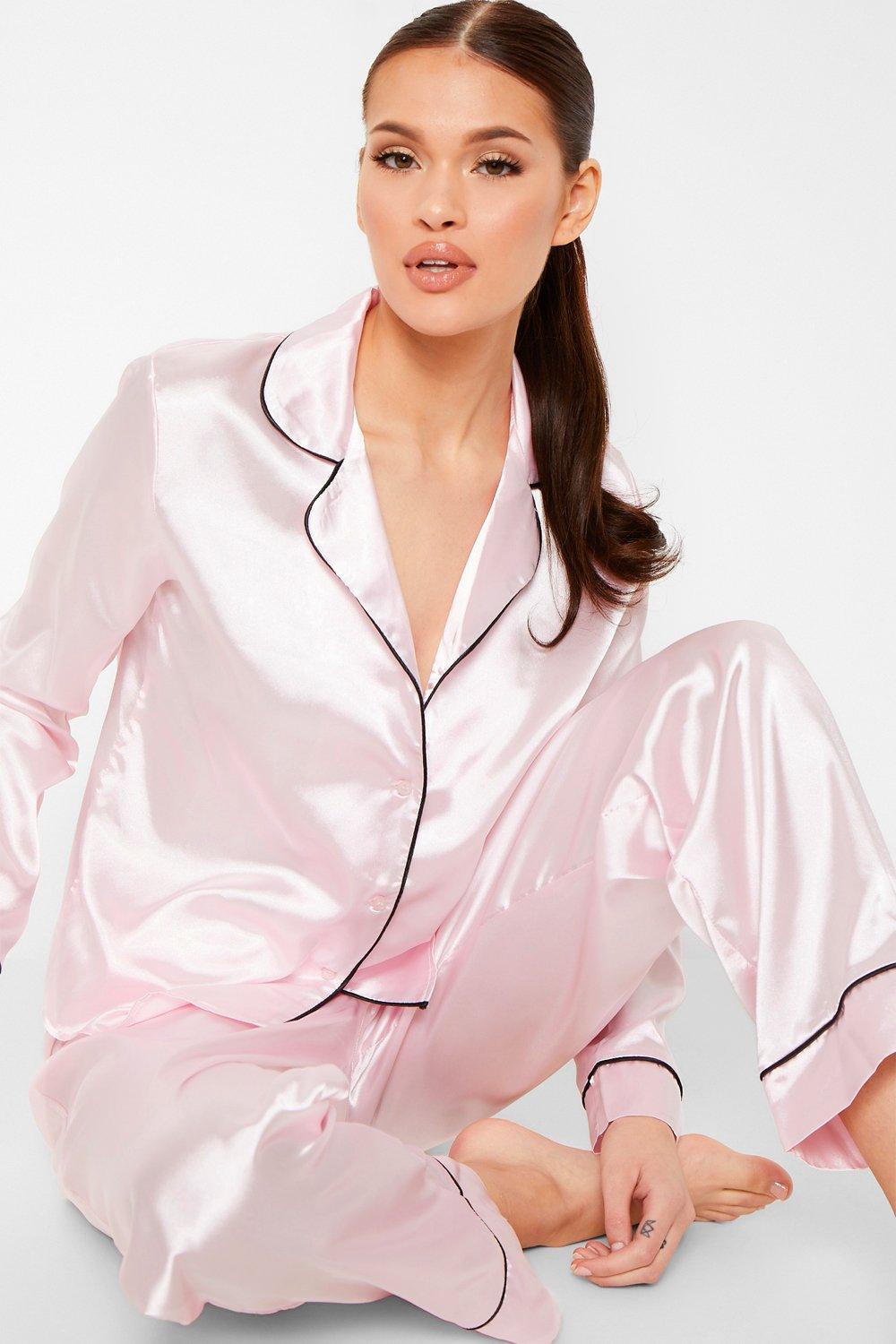 Image of Set pigiama in raso con cordoncino a contrasto e bottoni, Rosa