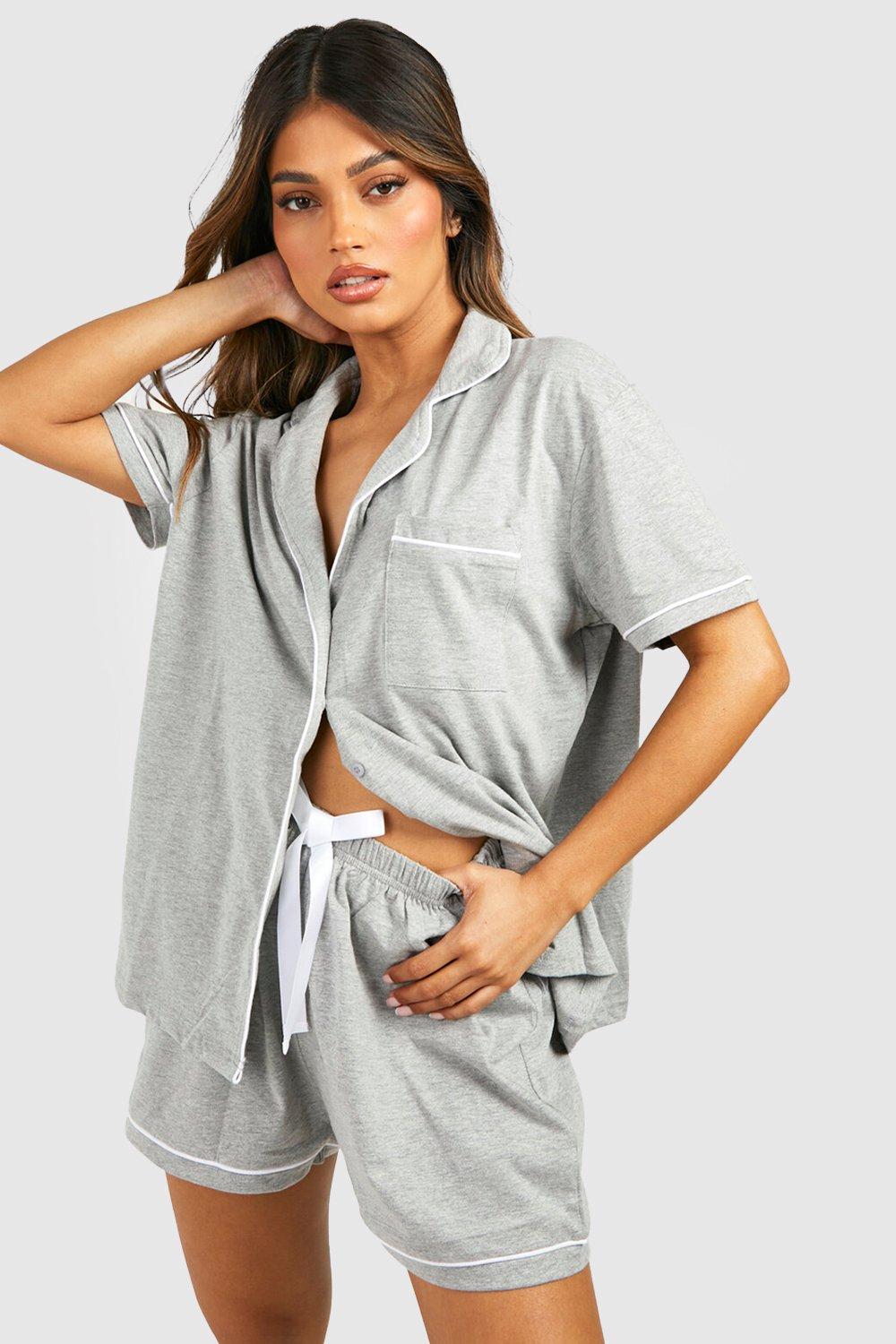 Womens Jersey Button Through Pj Short Set - Grey - 10, Grey