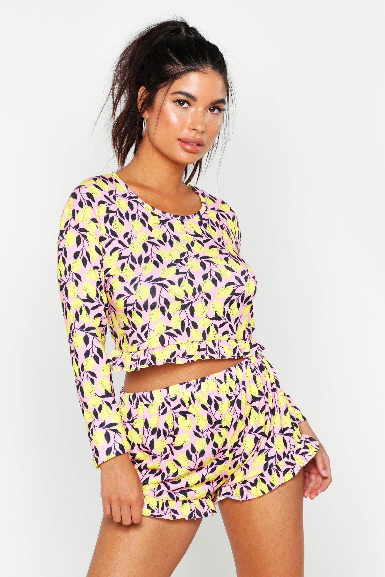 

Lemon Print Frill Shorts Set, Pink