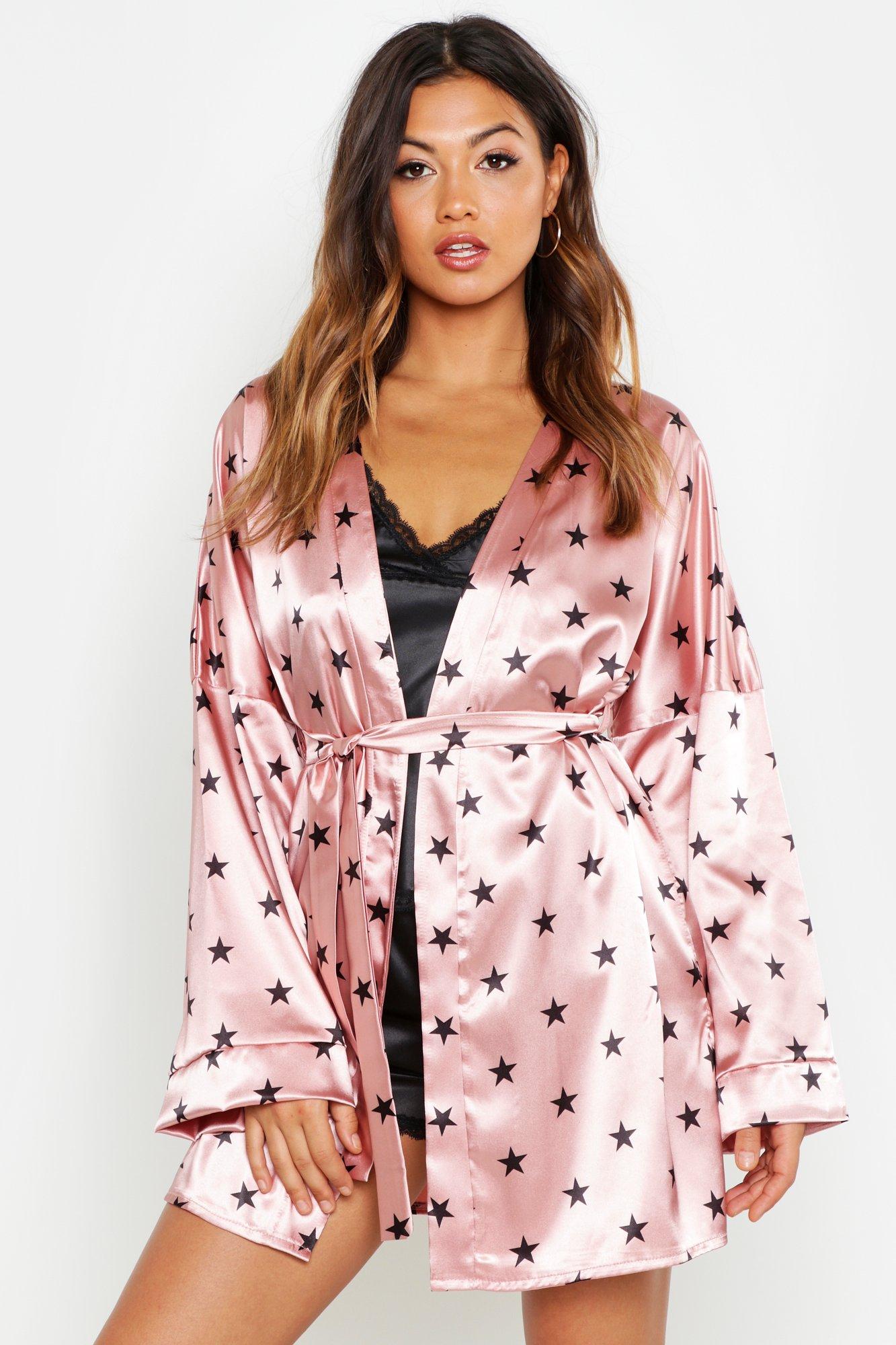 

Premium Satin Star Print Robe, Blush