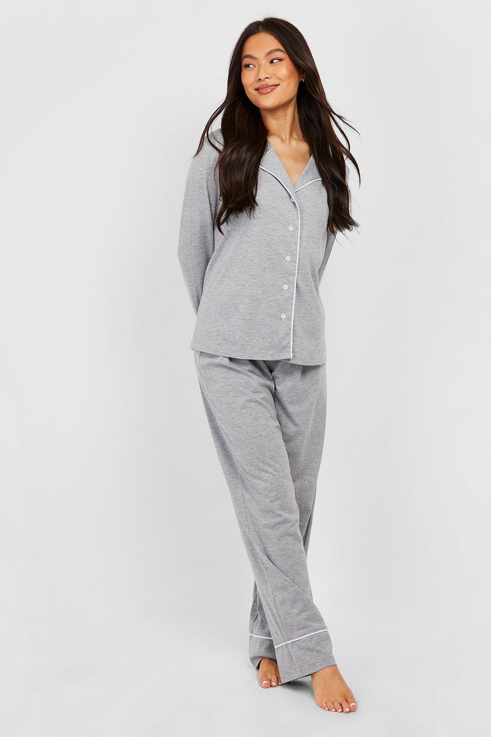 Womens Piping Detail Jersey Long Sleeve Shirt & Trousers Pyjama Set - Grey - 14, Grey