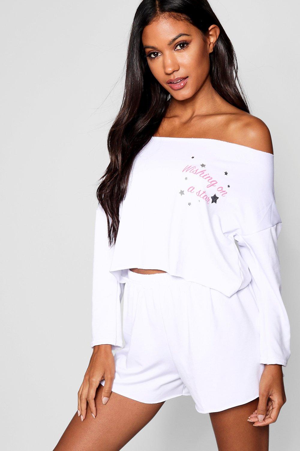 Slash Neck Slogan Lounge Short Set Boohoo