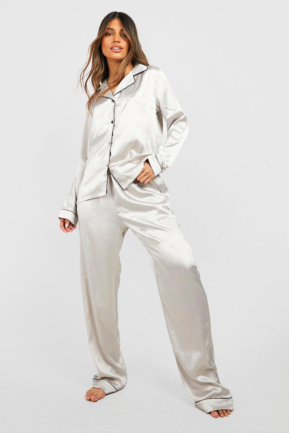 Womens Contrast Piping Button Down Satin Pyjama Set - Grey - 8, Grey