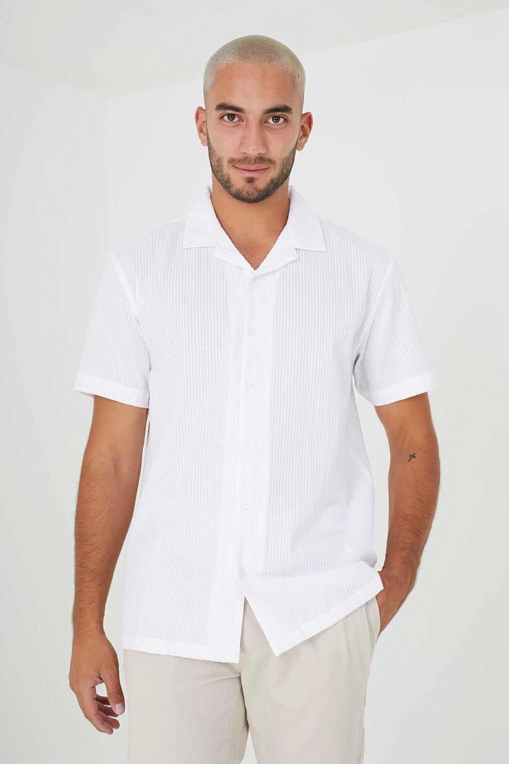 Short Sleeve Fine Stripe Revere Collar Shirt