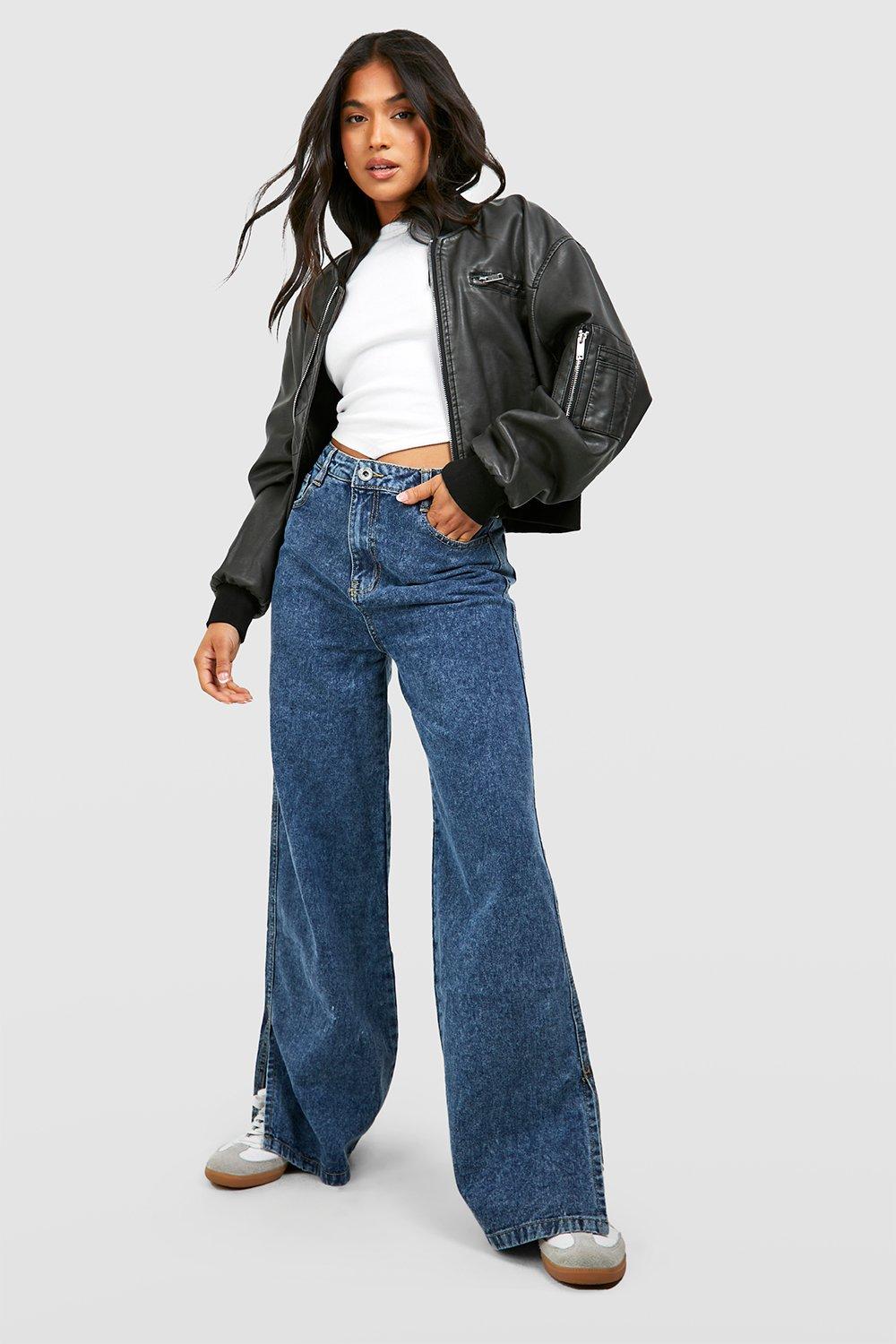 Image of Jeans a gamba ampia Petite in lavaggio vintage con spacco sul fondo, Tan