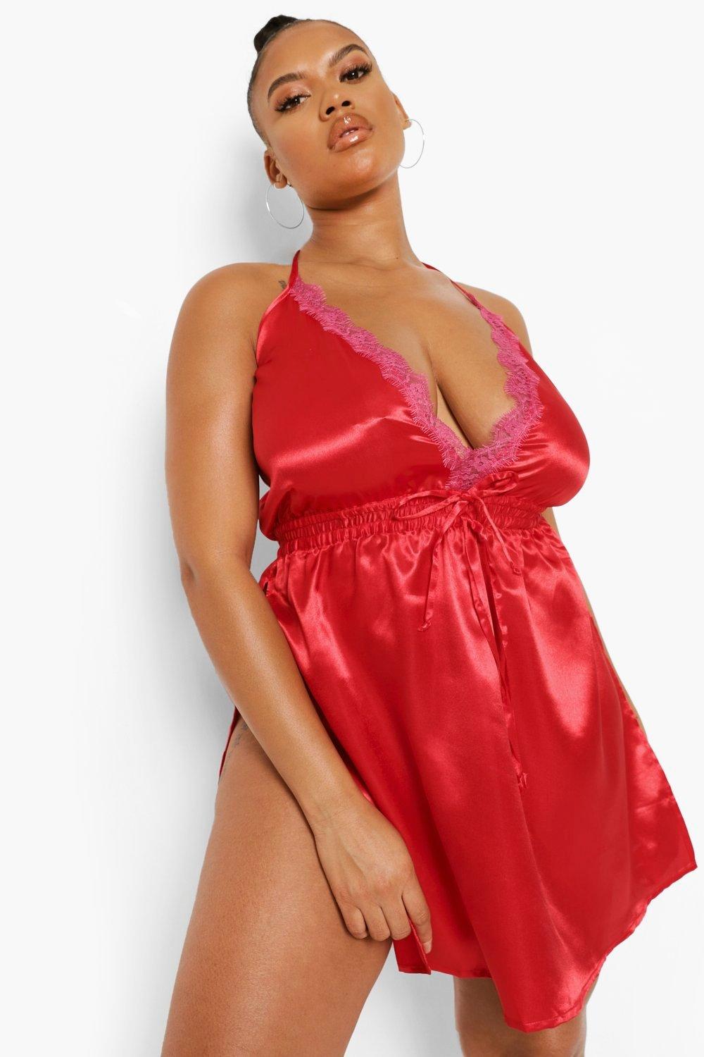 Womens Plus Satin Split Side Chemise - Red - 20, Red