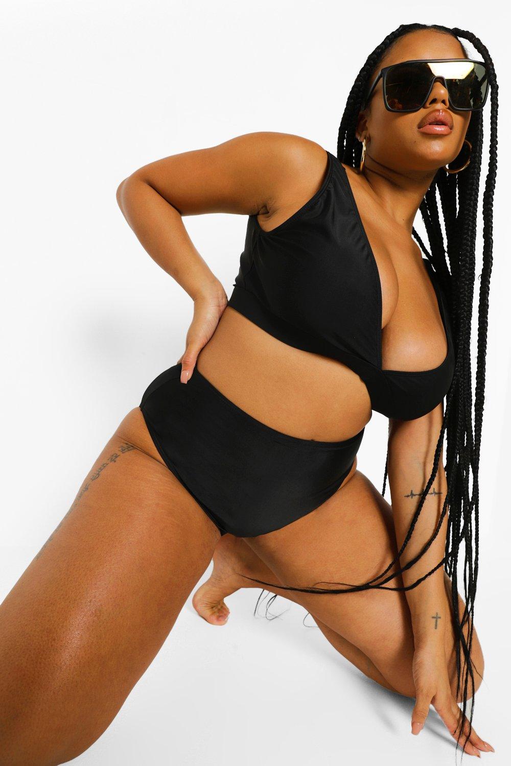 Image of Slip bikini Plus Size Mix & Match a vita alta, Nero