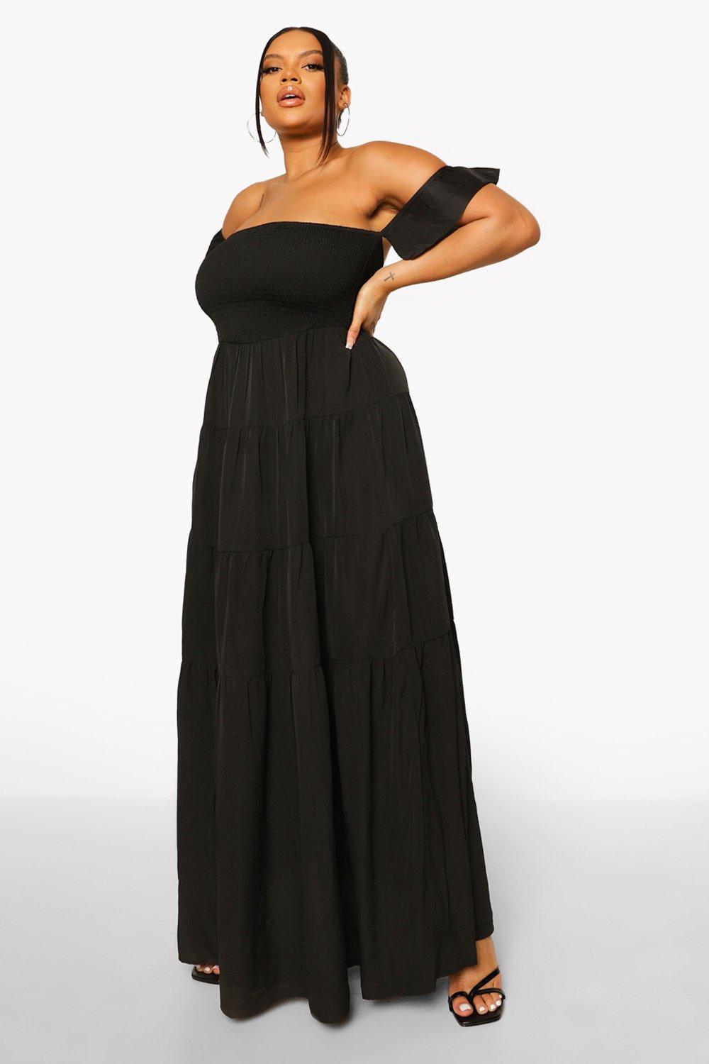 womens plus off the shoulder tiered maxi dress - black - 18, black