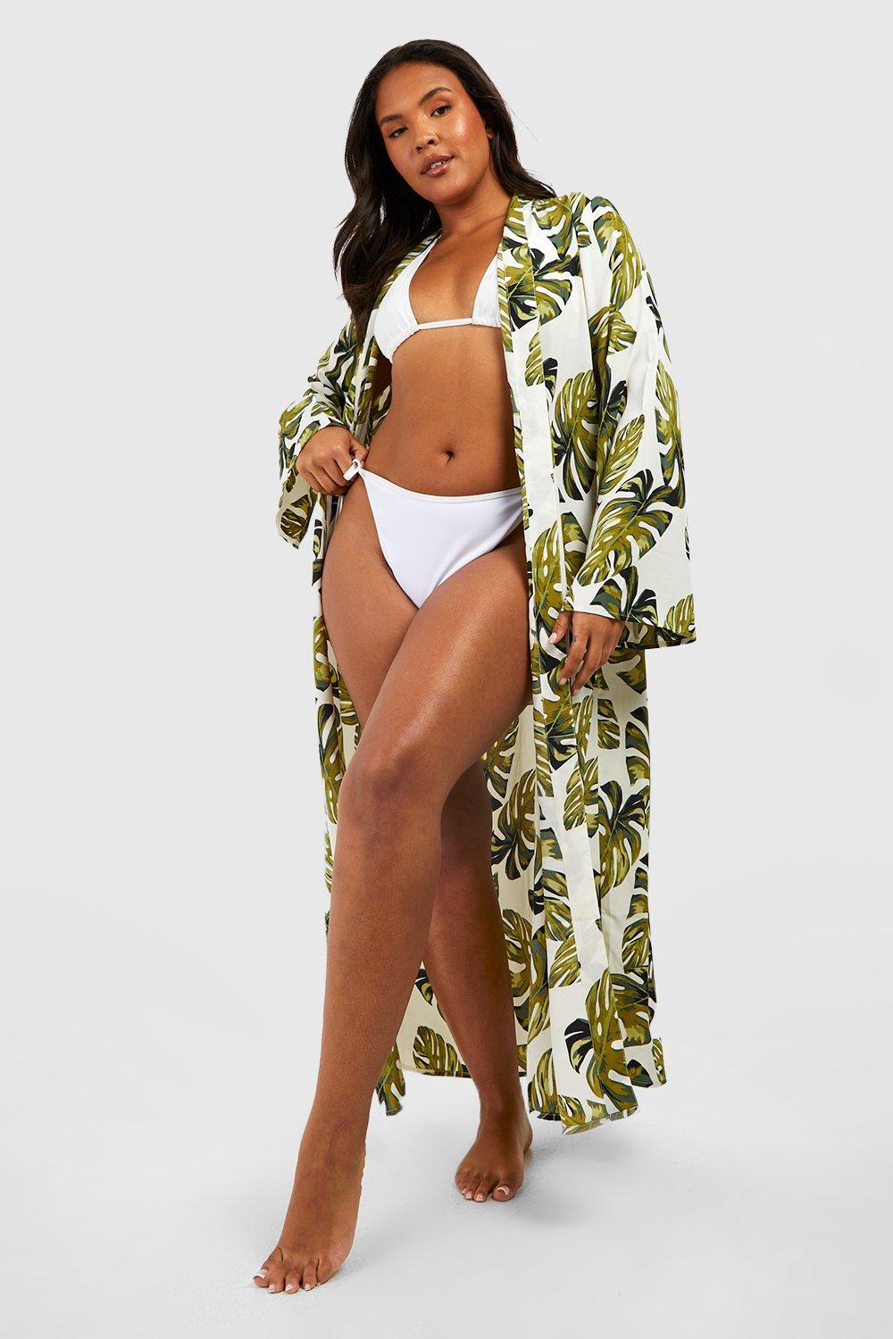 Image of Kimono Plus Size con stampa di palme, Bianco