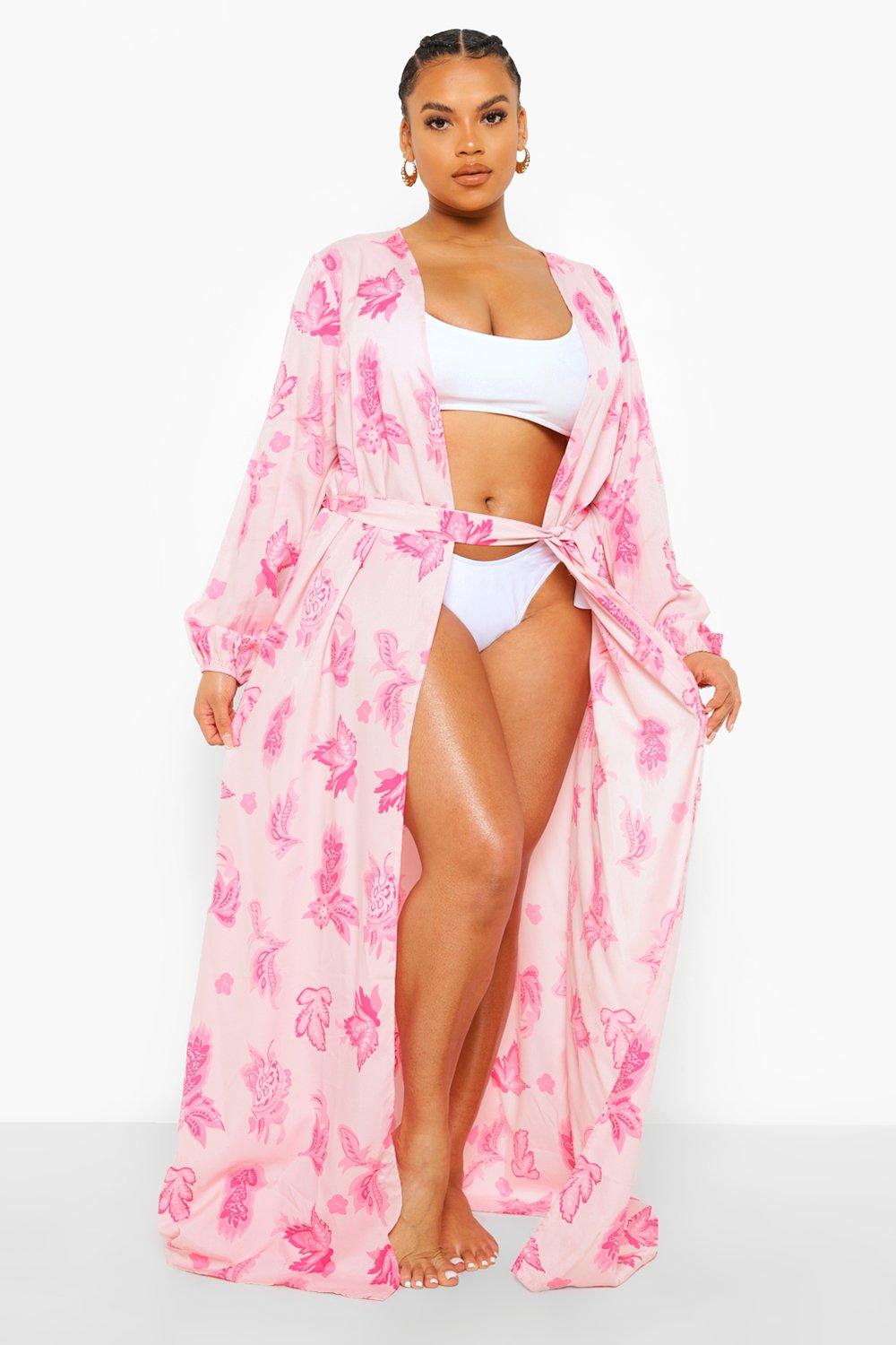 Image of Kimono da mare Plus Size in fantasia cachemire, Rosa