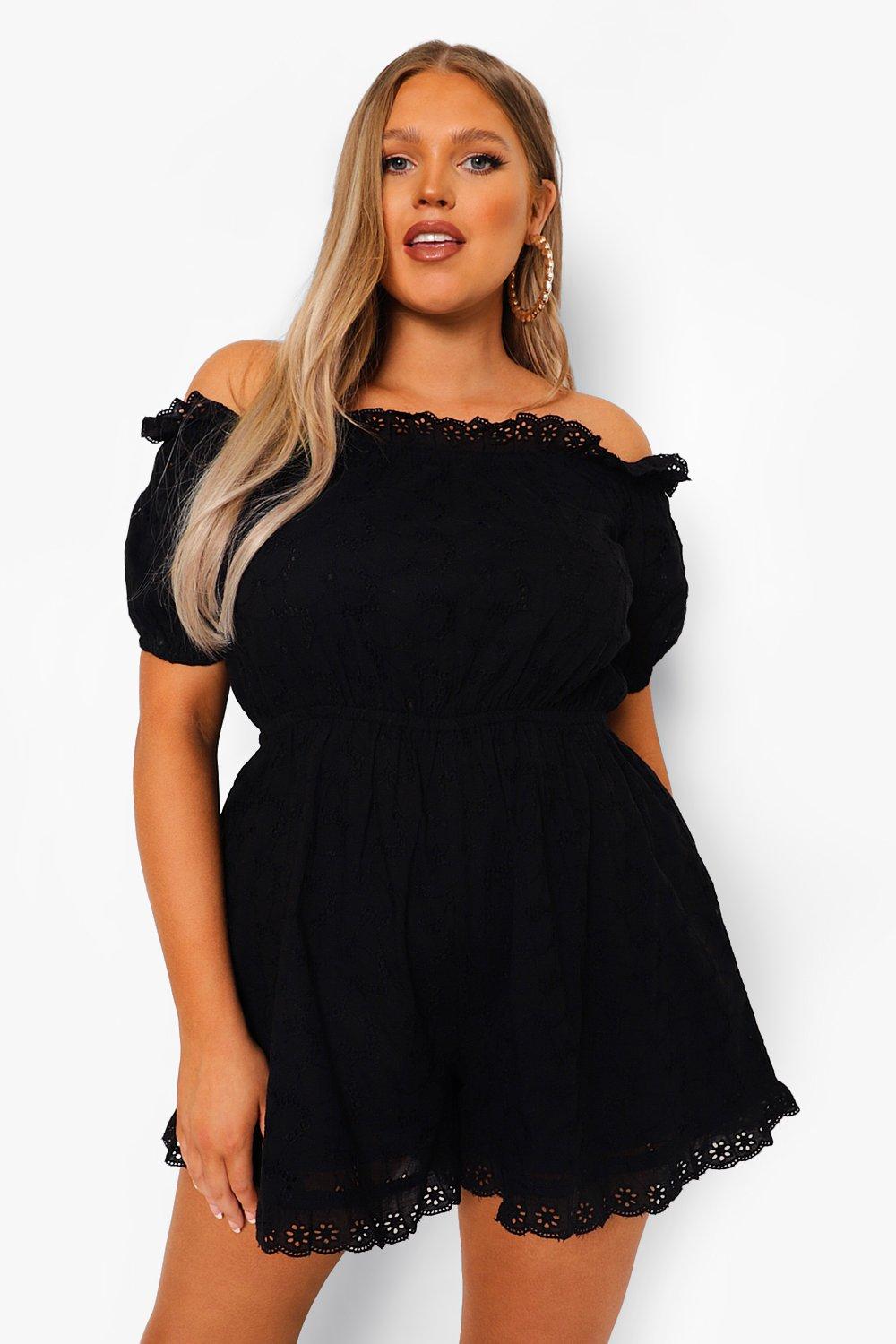 Grande Taille - Combishort Broderie Anglaise À Épaules Dénudées - Noir - 48, Noir