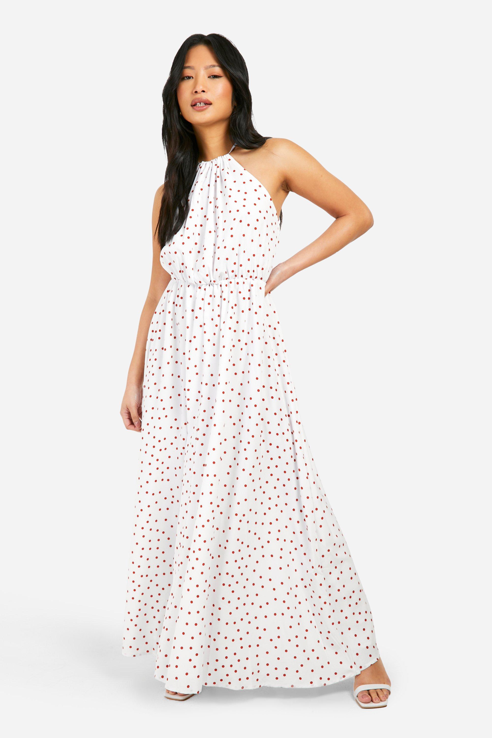 Womens Petite Polka Dot Halter Maxi Dress - White - 4, White