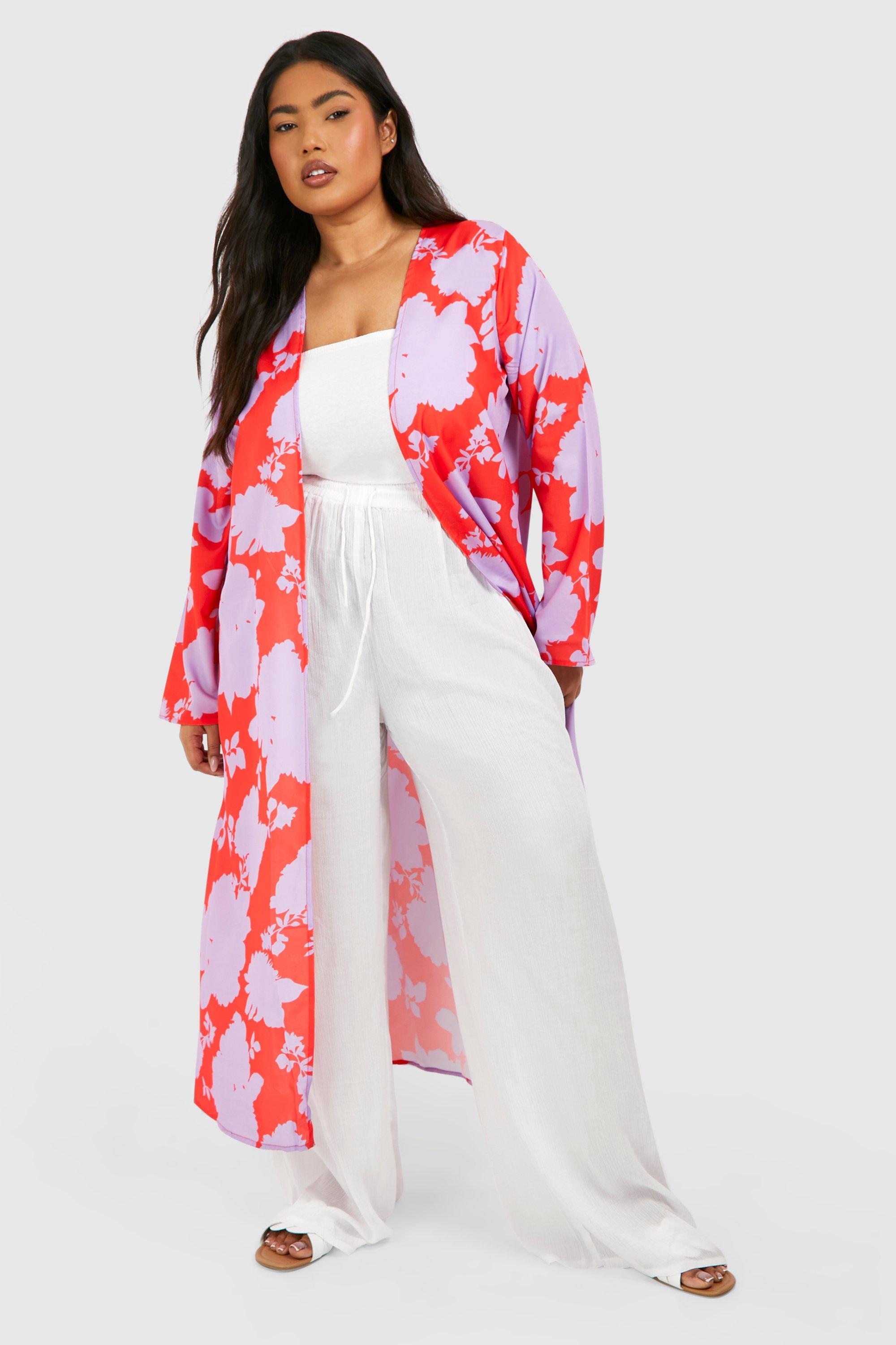 Image of Kimono Plus Size a fiori in colori accesi, Arancio