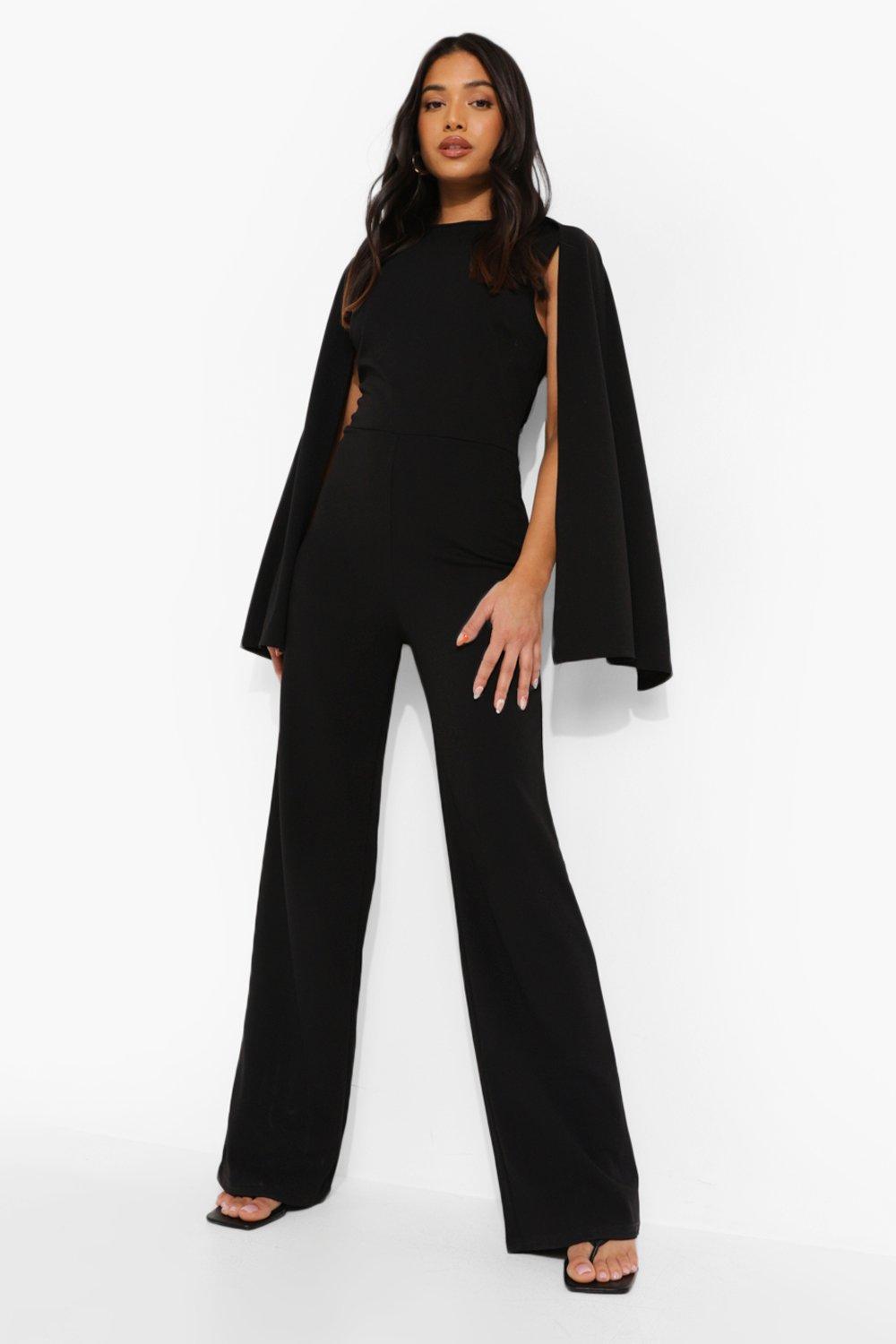 Boohoo Petite Jumpsuit Met Cape Mouwen, Black