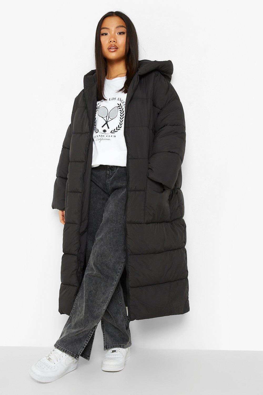 Womens Petite Hooded Longline Puffer Coat - Black - 16, Black
