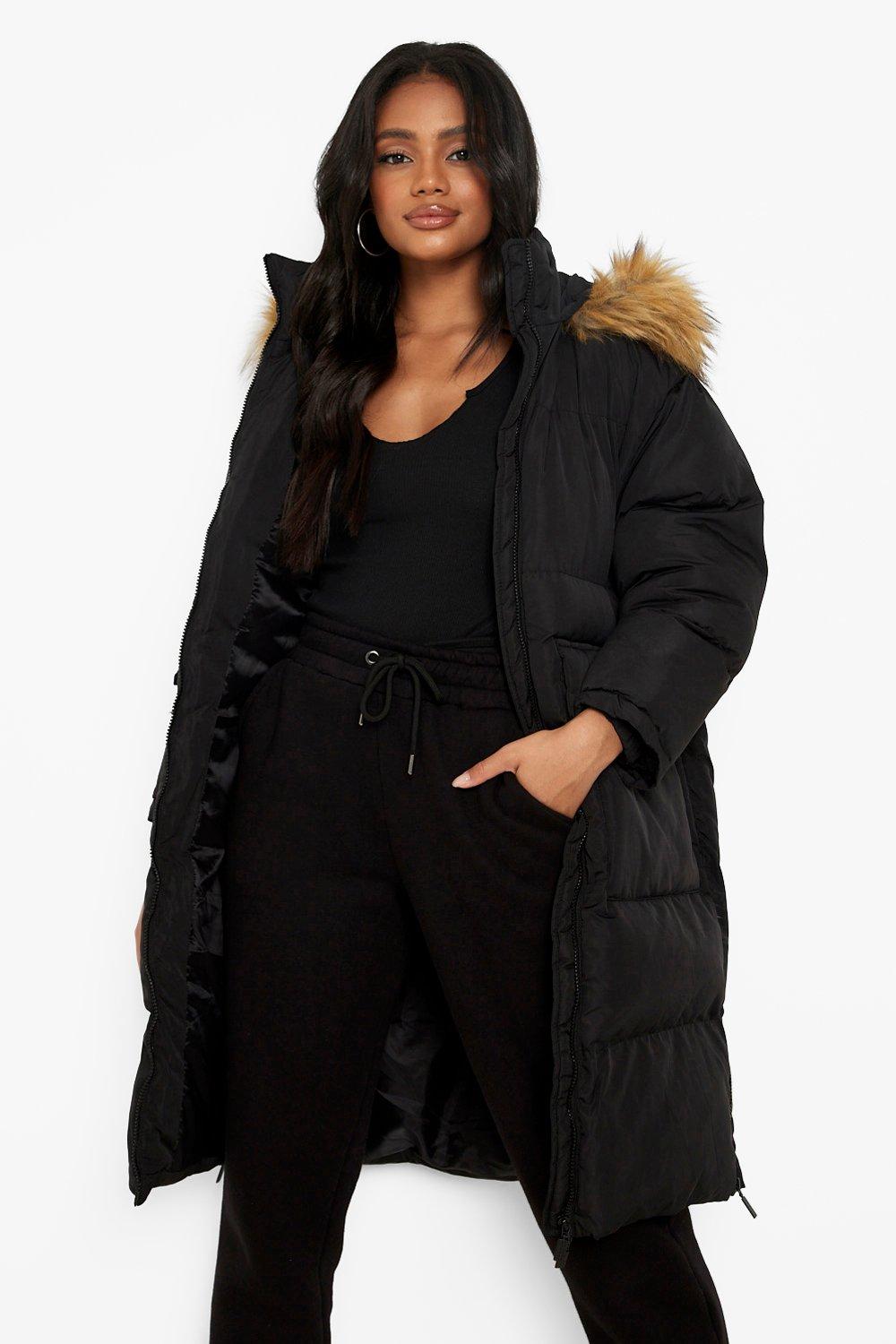 Womens Petite Faux Fur Trim Longline Puffer Jacket - Black - 6, Black