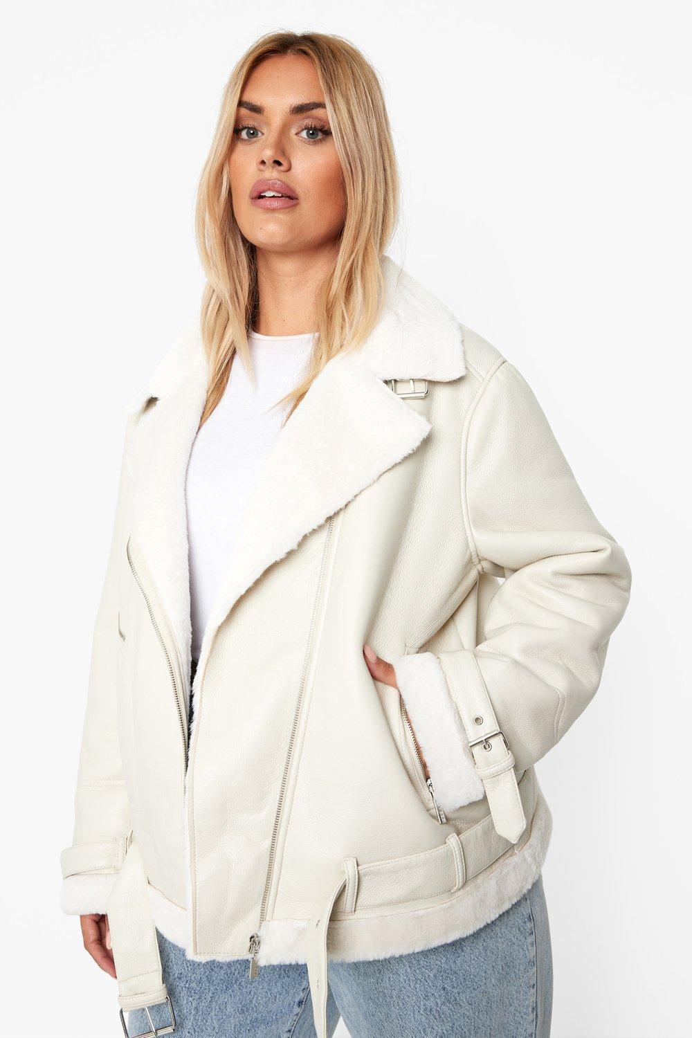 womens plus faux leather lined oversized aviator jacket - white - 16, white