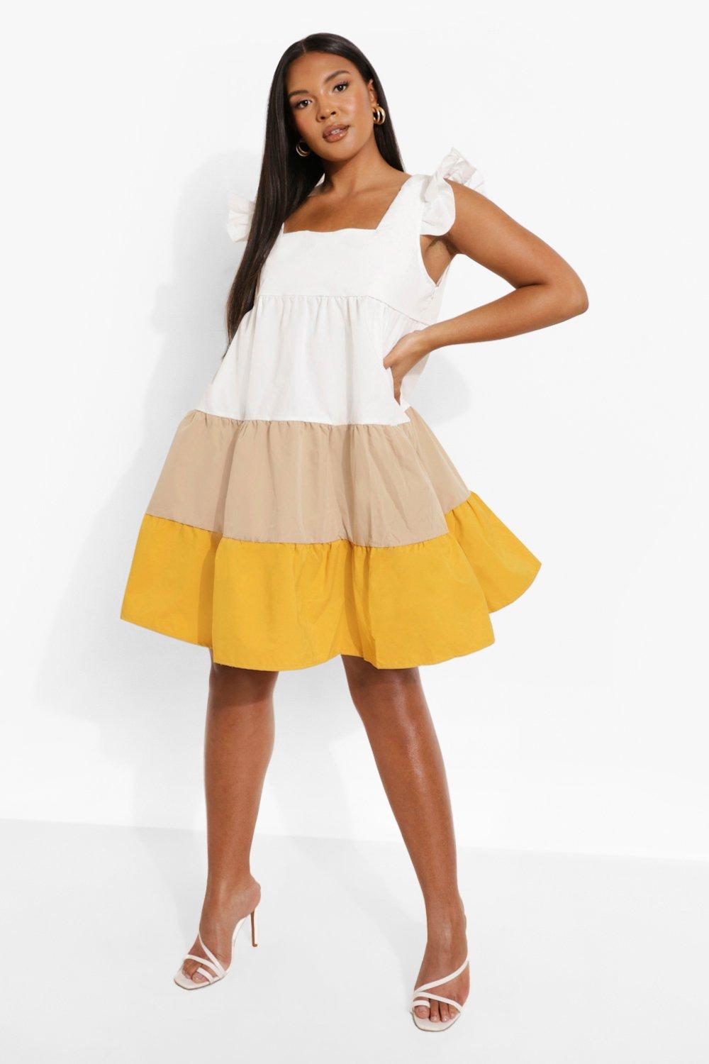 Womens Plus Colour Block Tiered Smock Dress - Yellow - 16, Yellow