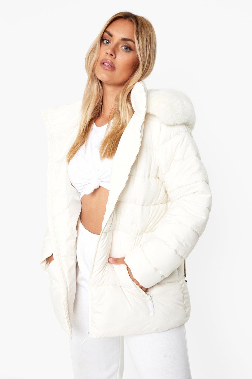 Womens Plus Faux Fur Trim Belted Puffer Jacket - White - 16, White