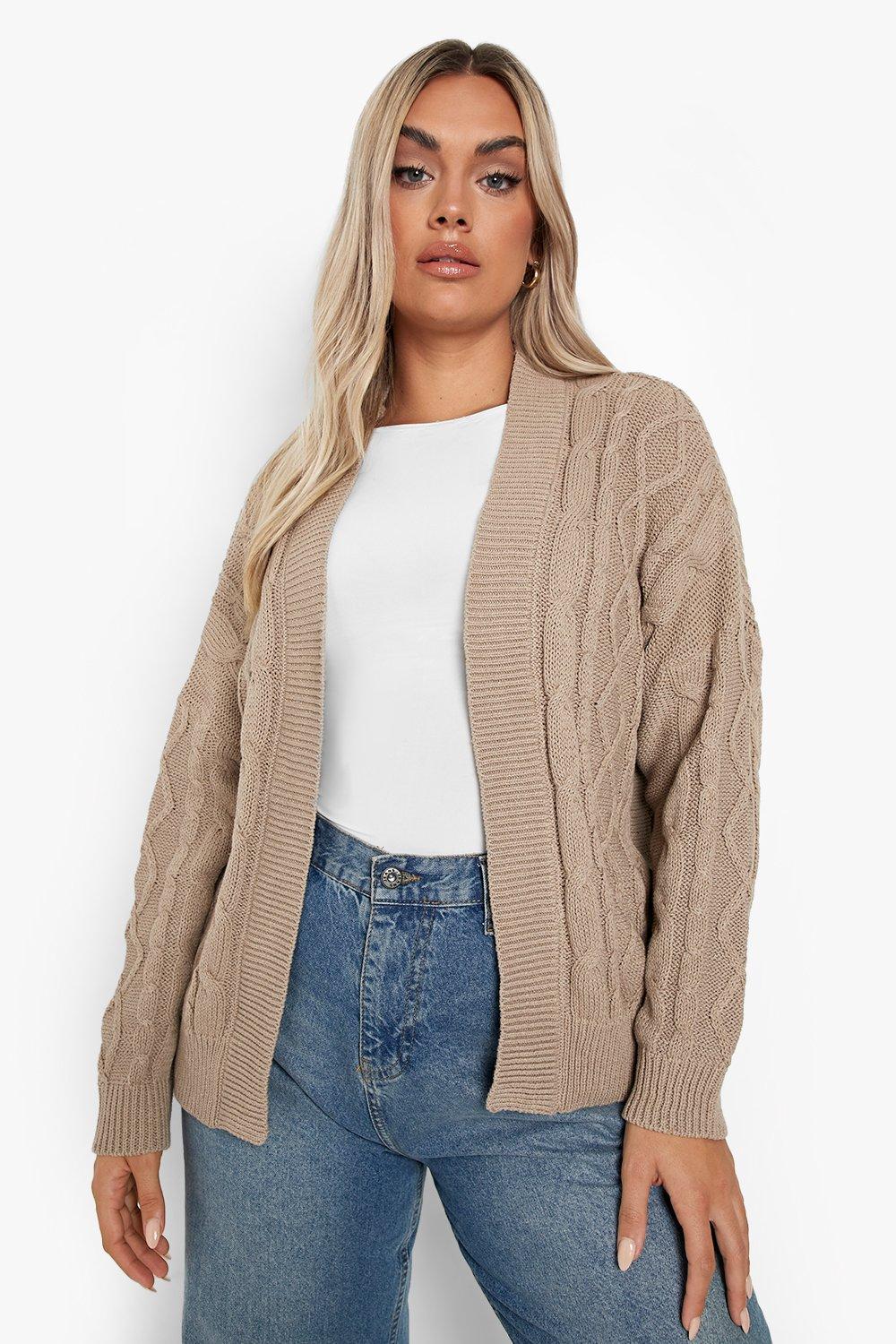 Womens Plus Recycled Cable Knit Crop Top Cardigan - Beige - 20, Beige