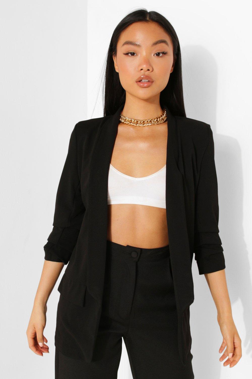 Womens Petite Ruched Sleeve Blazer - Black - 10, Black