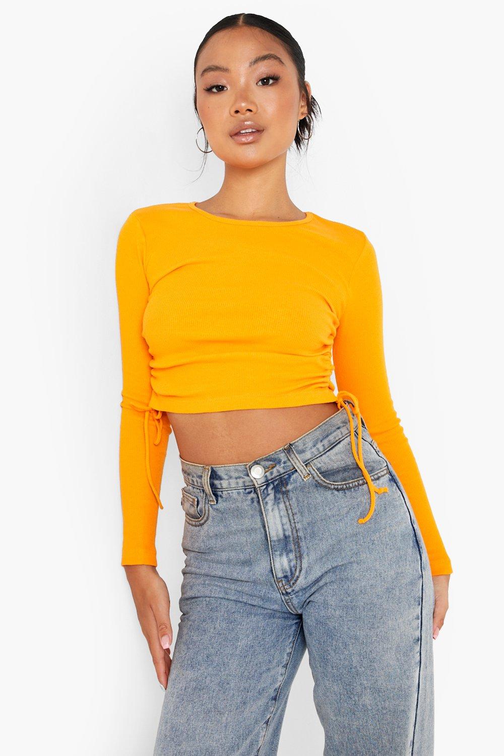 "Petite" Recycled Side Ruched Long Sleeve Crop Top -