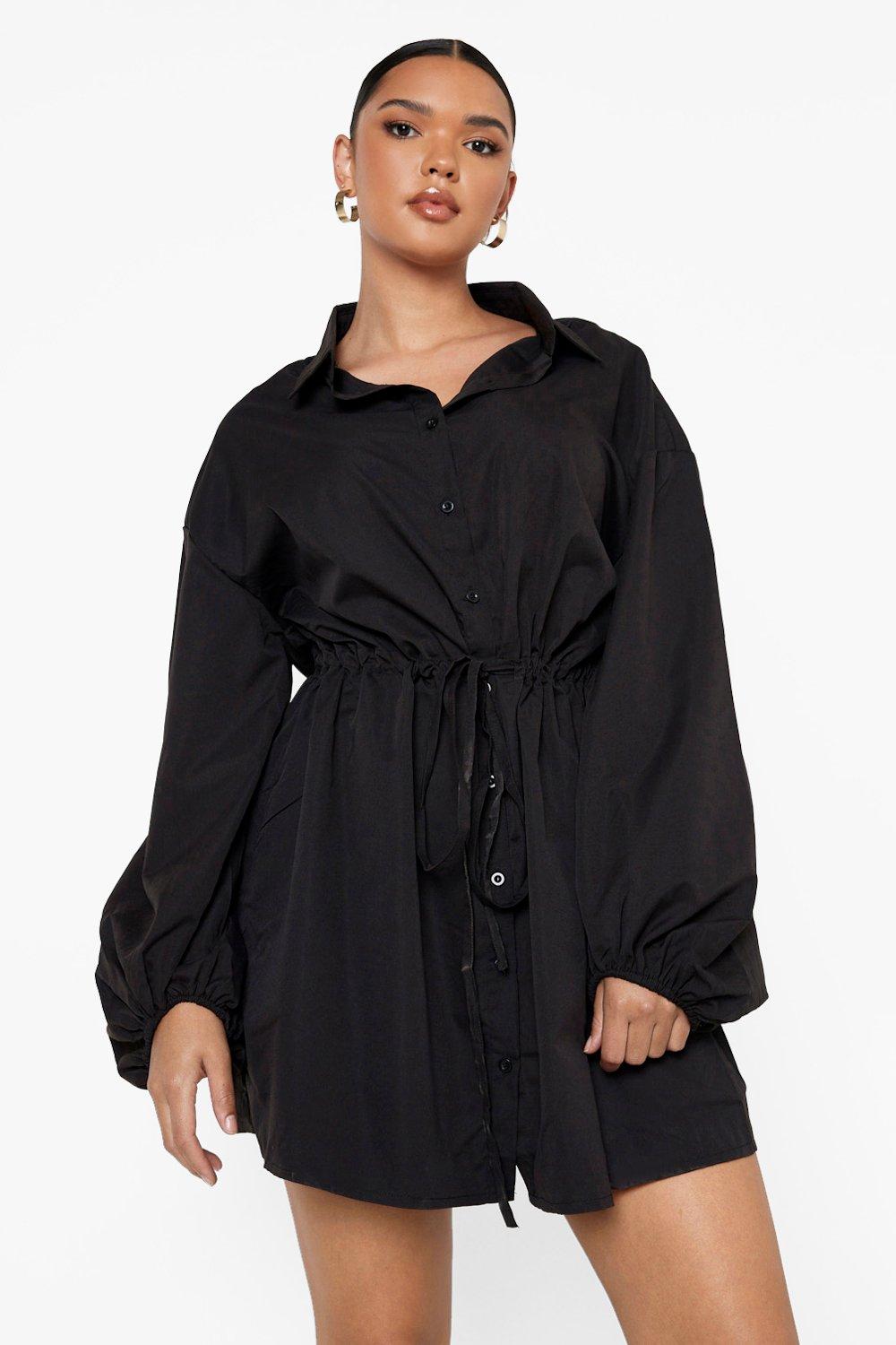 Plus Oversized Sleeve Shirt Dress - Black - 16