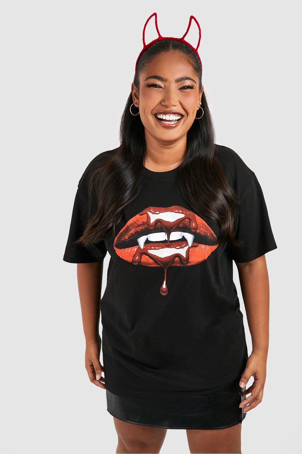 Image of T-shirt Plus Size Halloween con labbra di vampiro, Nero