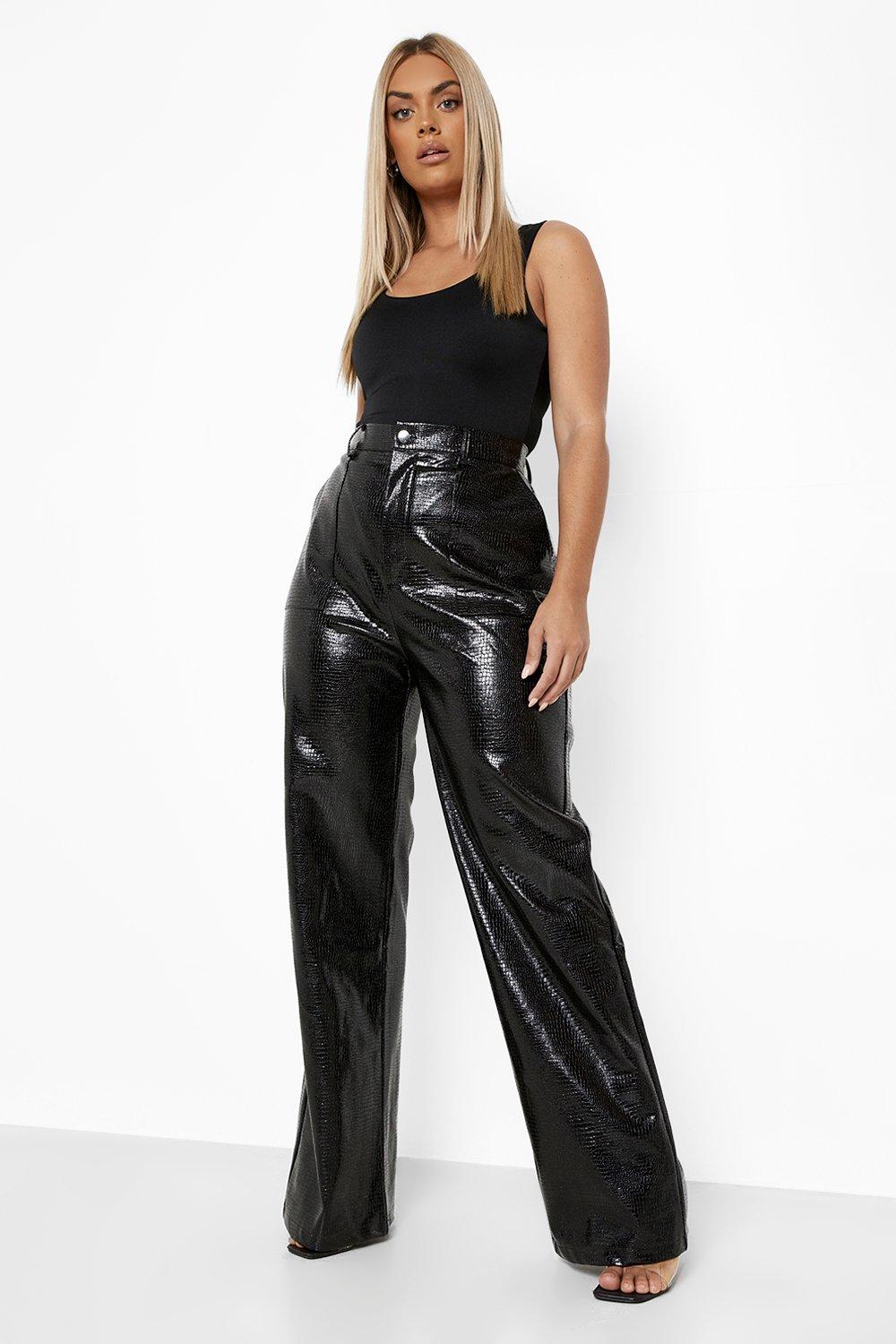 Image of Pantaloni Plus Size in PU effetto pelle di coccodrillo, Nero