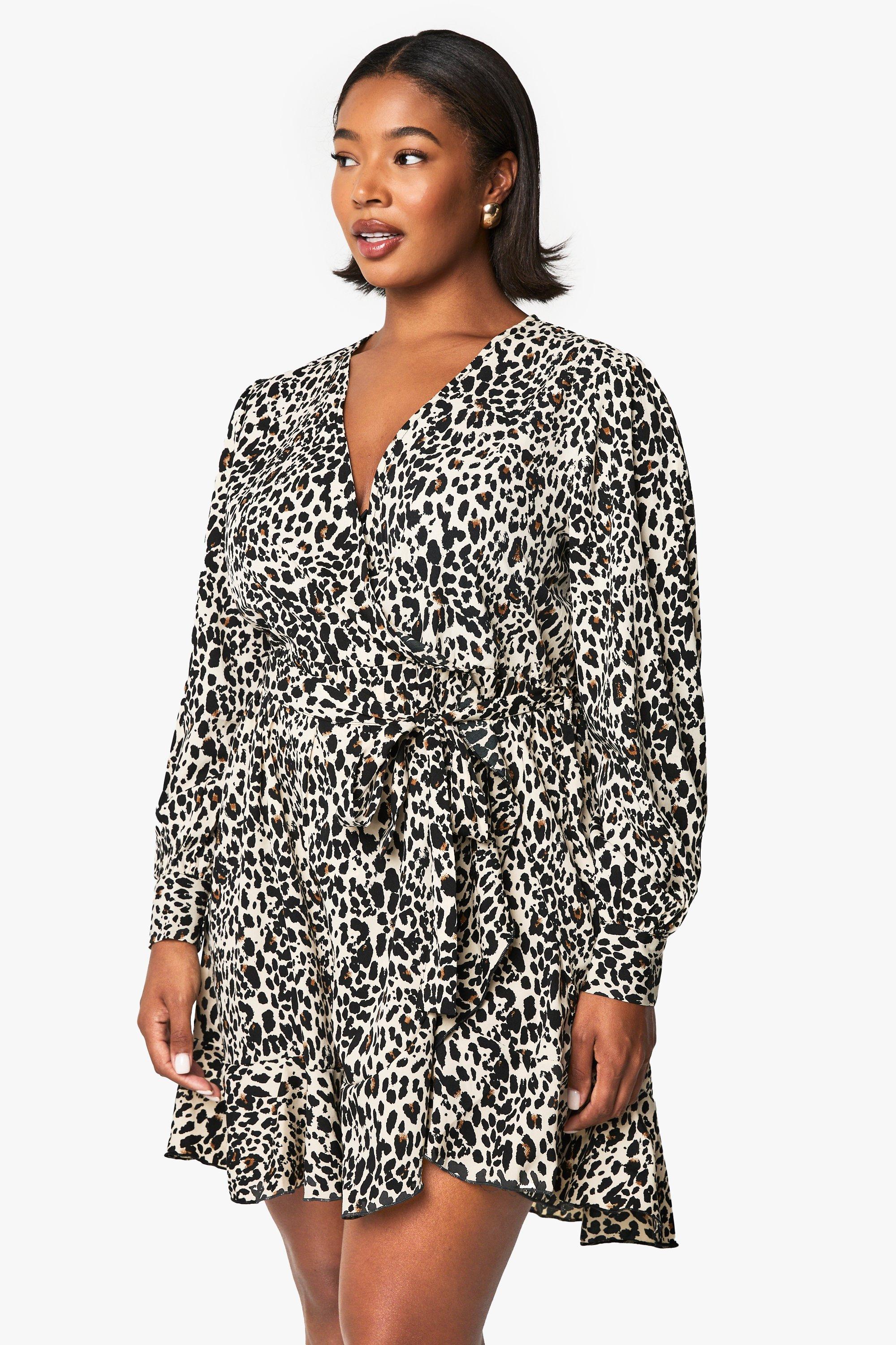 Image of Vestito Skater Plus Size a incrocio leopardato con arricciature, Multi