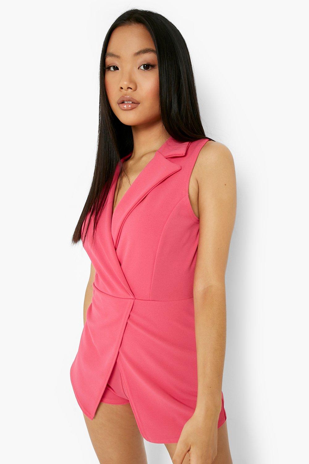 Womens Petite Sleeveless Wrap Blazer Belted Playsuit - Pink - 10, Pink