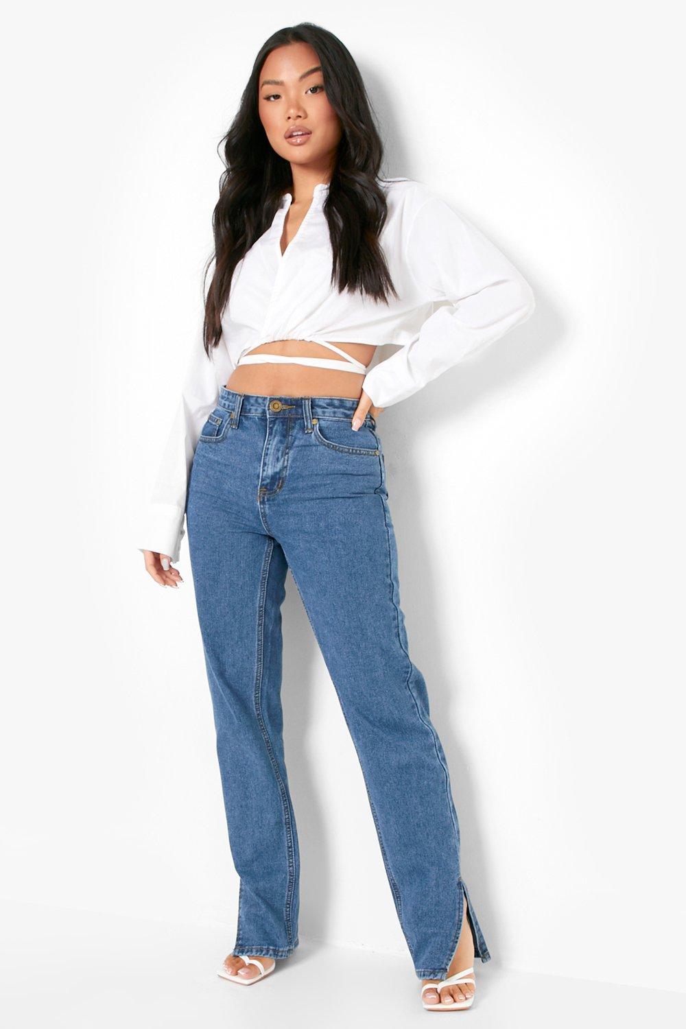 Image of Jeans Petite Basic a vita alta con spacco sul fondo, Grigio