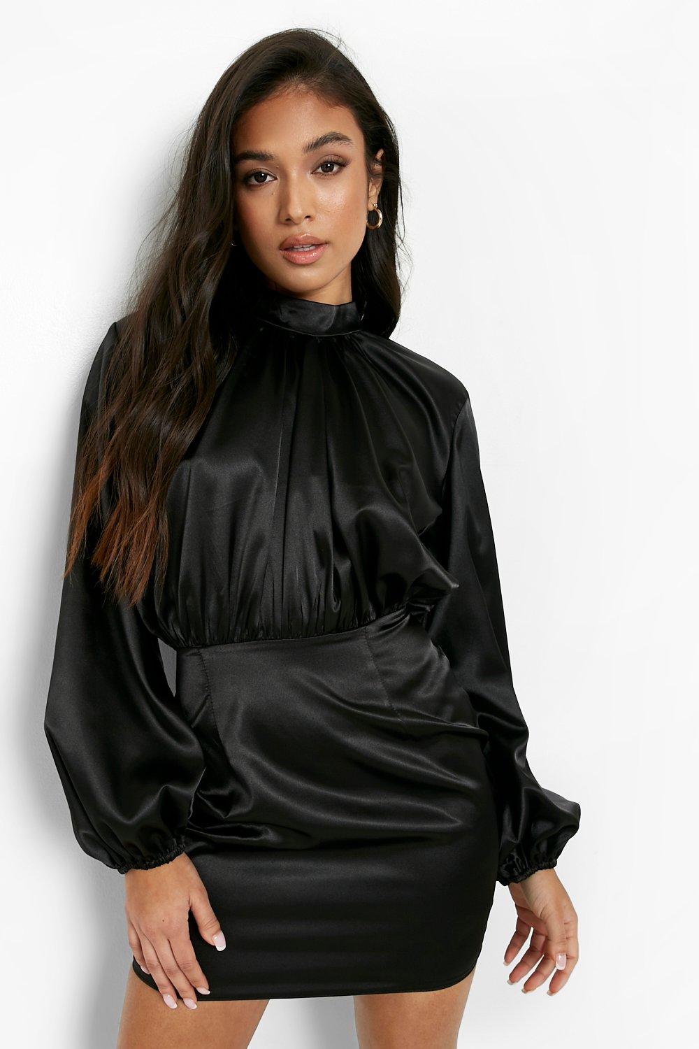Womens Petite Satin High Neck Puff Sleeve Mini Dress - Black - 10, Black