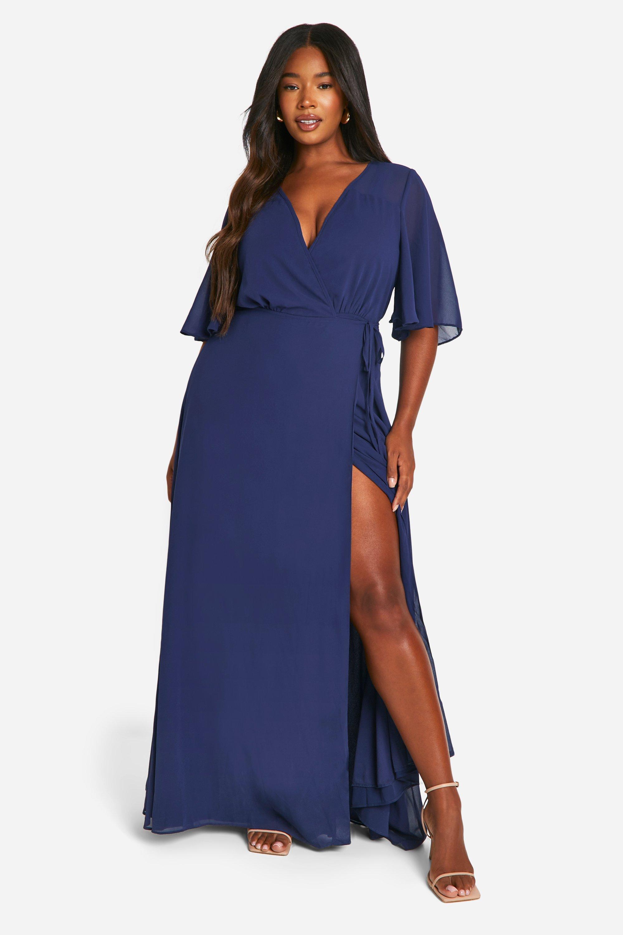Womens Plus Angel Sleeve Wrap Bridesmaid Dress - Navy - 20, Navy