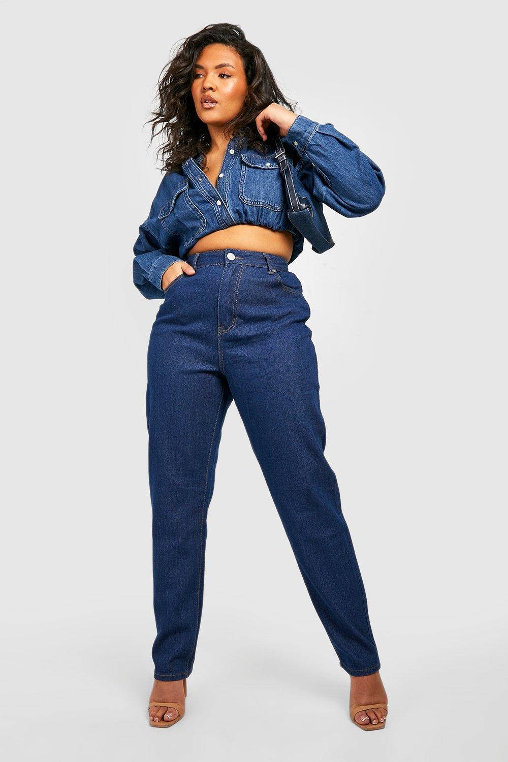 Boohoo Plus High Waist Mom Jeans, Mid Blue